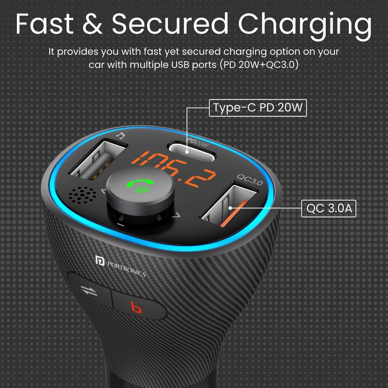 Portronics Auto 15 20W Type A & Type C 3-Port Fast Car Charger (Adapter Only, Bluetooth 5.1 & Voice Assistant, Black)_6