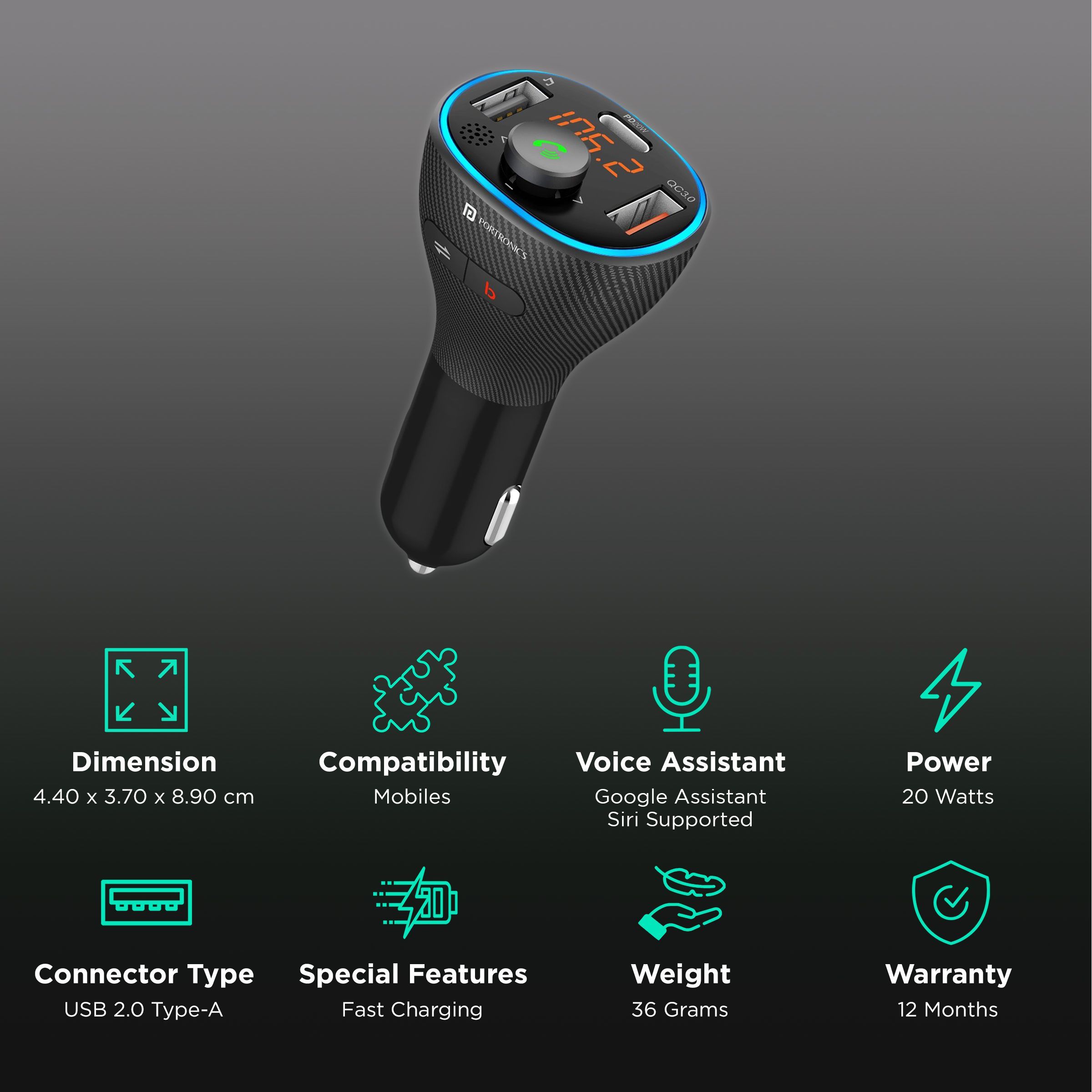 Portronics Auto 15 20W Type A & Type C 3-Port Fast Car Charger (Adapter Only, Bluetooth 5.1 & Voice Assistant, Black)_2