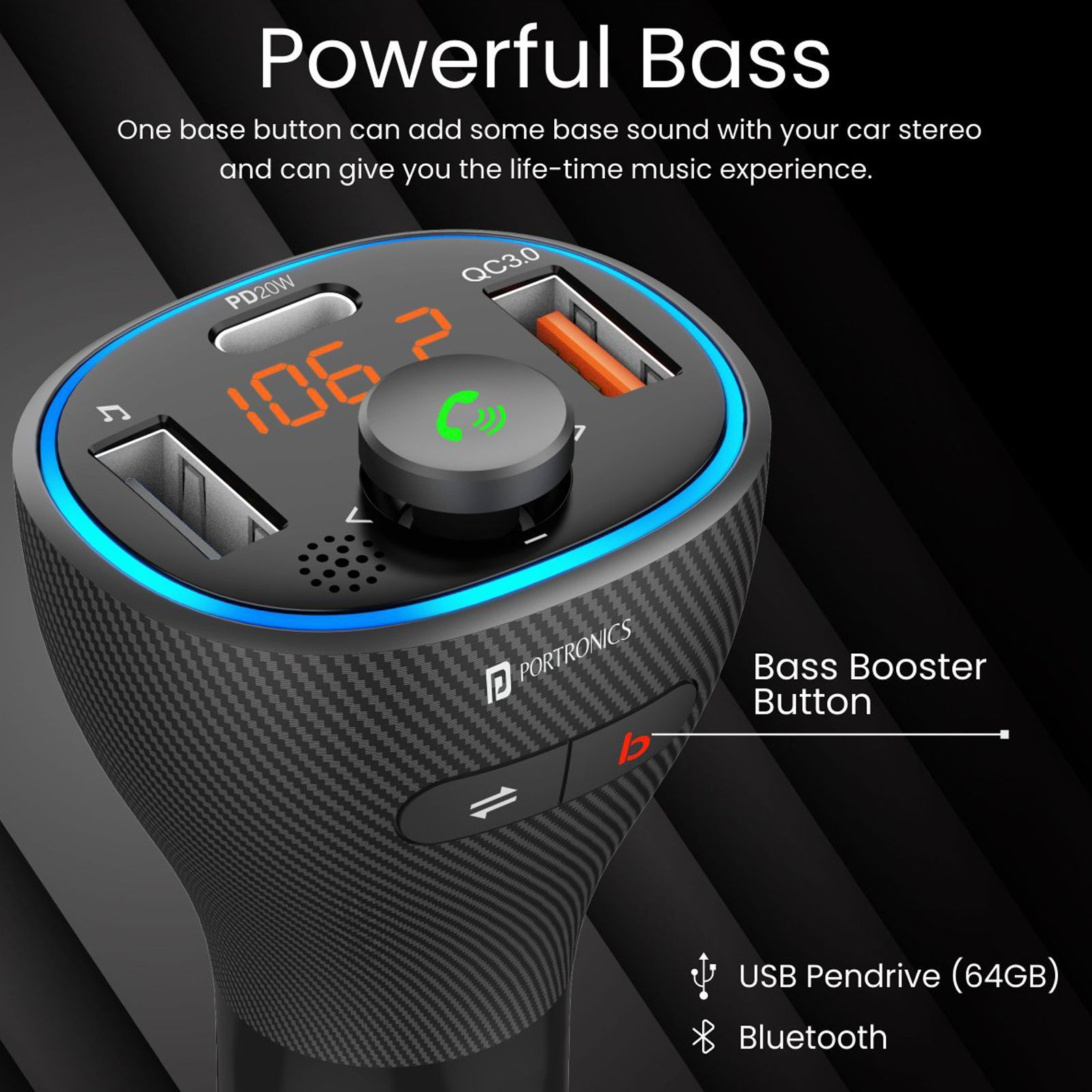 Portronics Auto 15 20W Type A & Type C 3-Port Fast Car Charger (Adapter Only, Bluetooth 5.1 & Voice Assistant, Black)_3