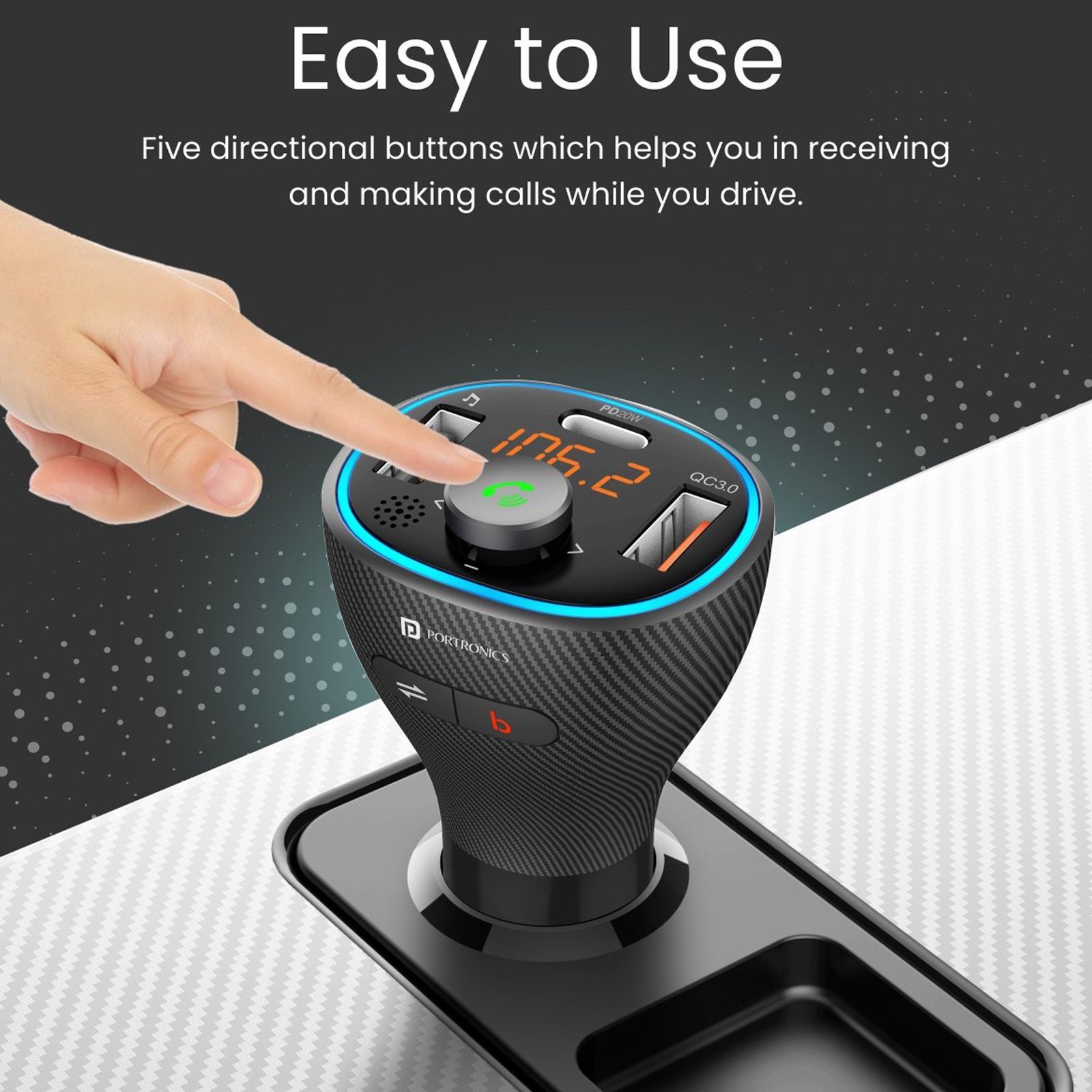 Portronics Auto 15 20W Type A & Type C 3-Port Fast Car Charger (Adapter Only, Bluetooth 5.1 & Voice Assistant, Black)_4