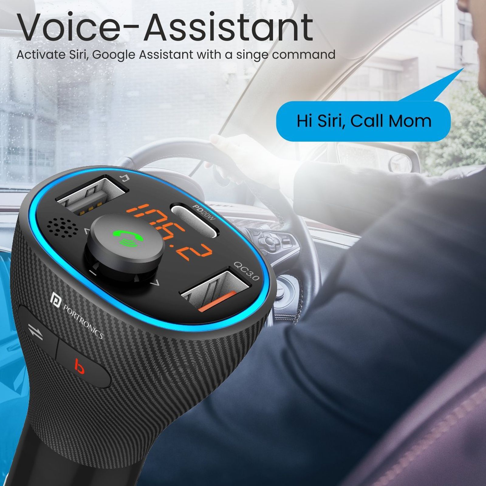 Portronics Auto 15 20W Type A & Type C 3-Port Fast Car Charger (Adapter Only, Bluetooth 5.1 & Voice Assistant, Black)_5