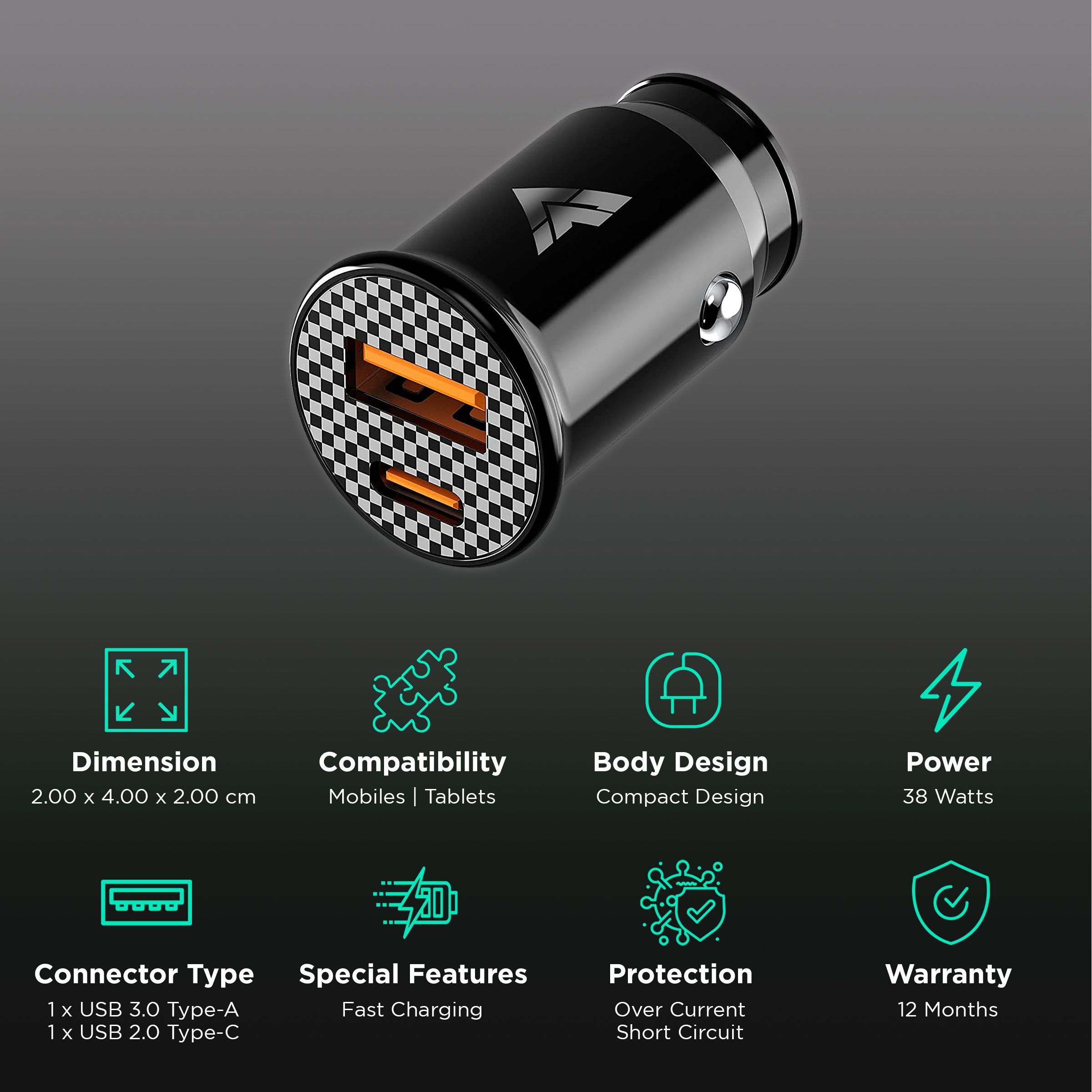 Vaku 38W Type A & Type C 2-Port Fast Car Charger (Adapter Only, Superior Gold-Plated Circuit, Black)_2