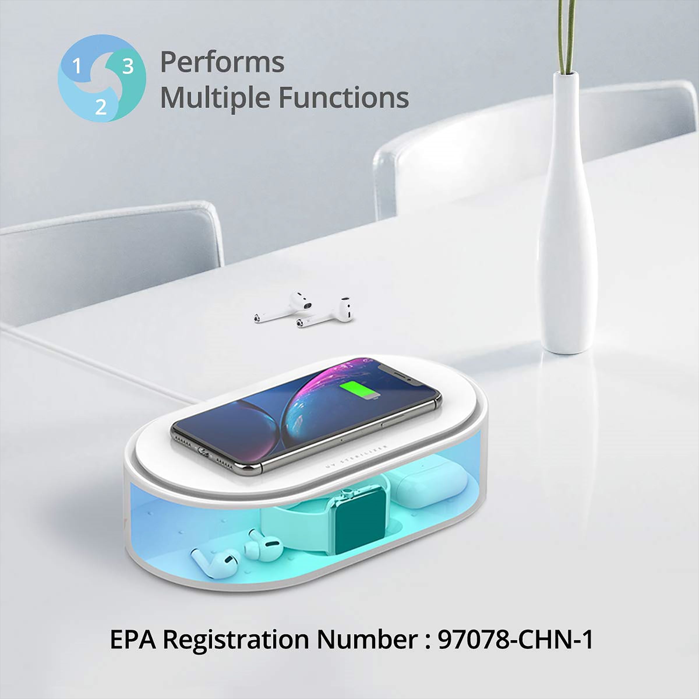 RAEGR Arc 1500 10W Wireless Charger for iOS and Android (Qi Certified, UV Disinfection, White)_3