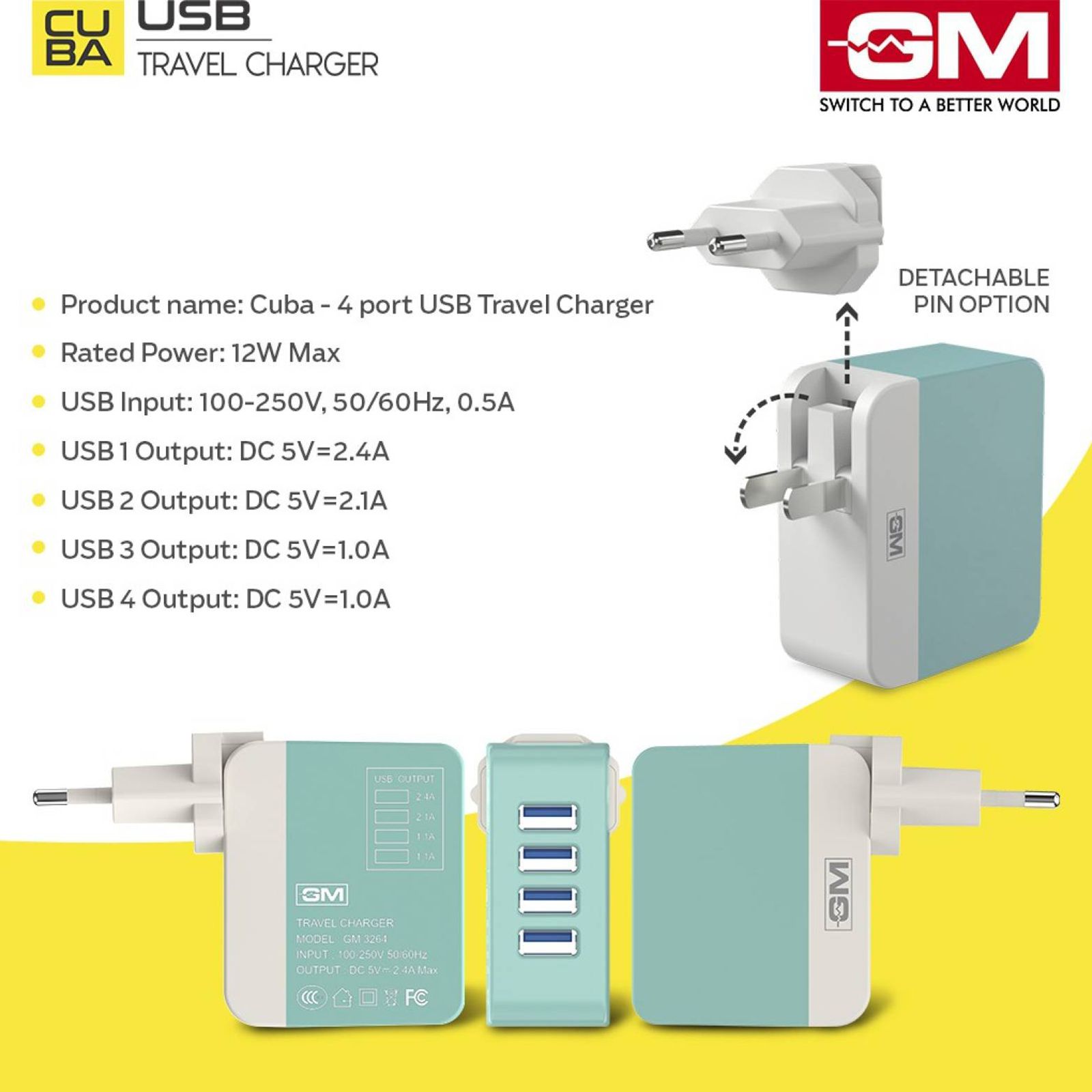 GM Cuba 12W Type A 4-Port Charger (Adapter Only, Lightweight & Sturdy Body, White/Green)_3