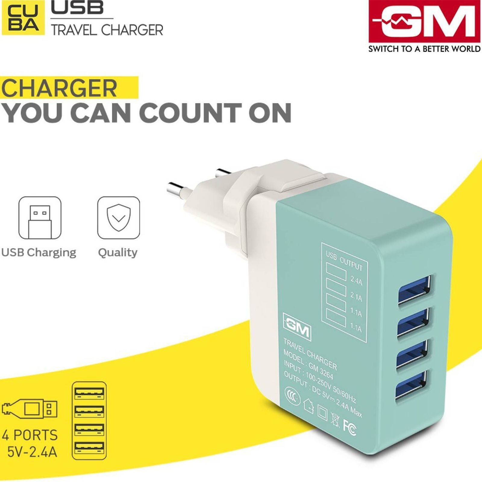 GM Cuba 12W Type A 4-Port Charger (Adapter Only, Lightweight & Sturdy Body, White/Green)_4