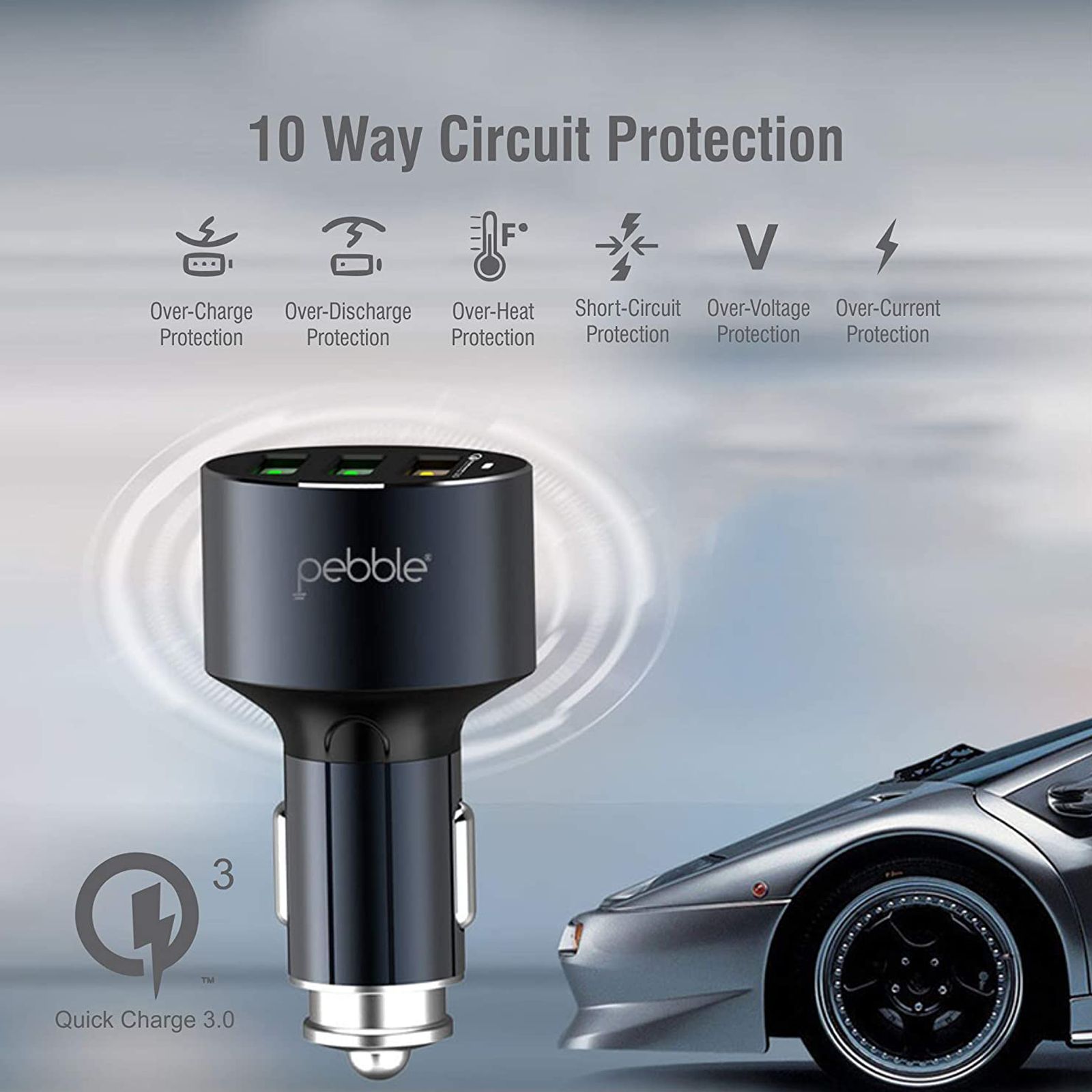 pebble 36W Type A 3-Port Quick Charger (Type A to Micro USB Cable, 10 Way Circuit Protection, Black)_9