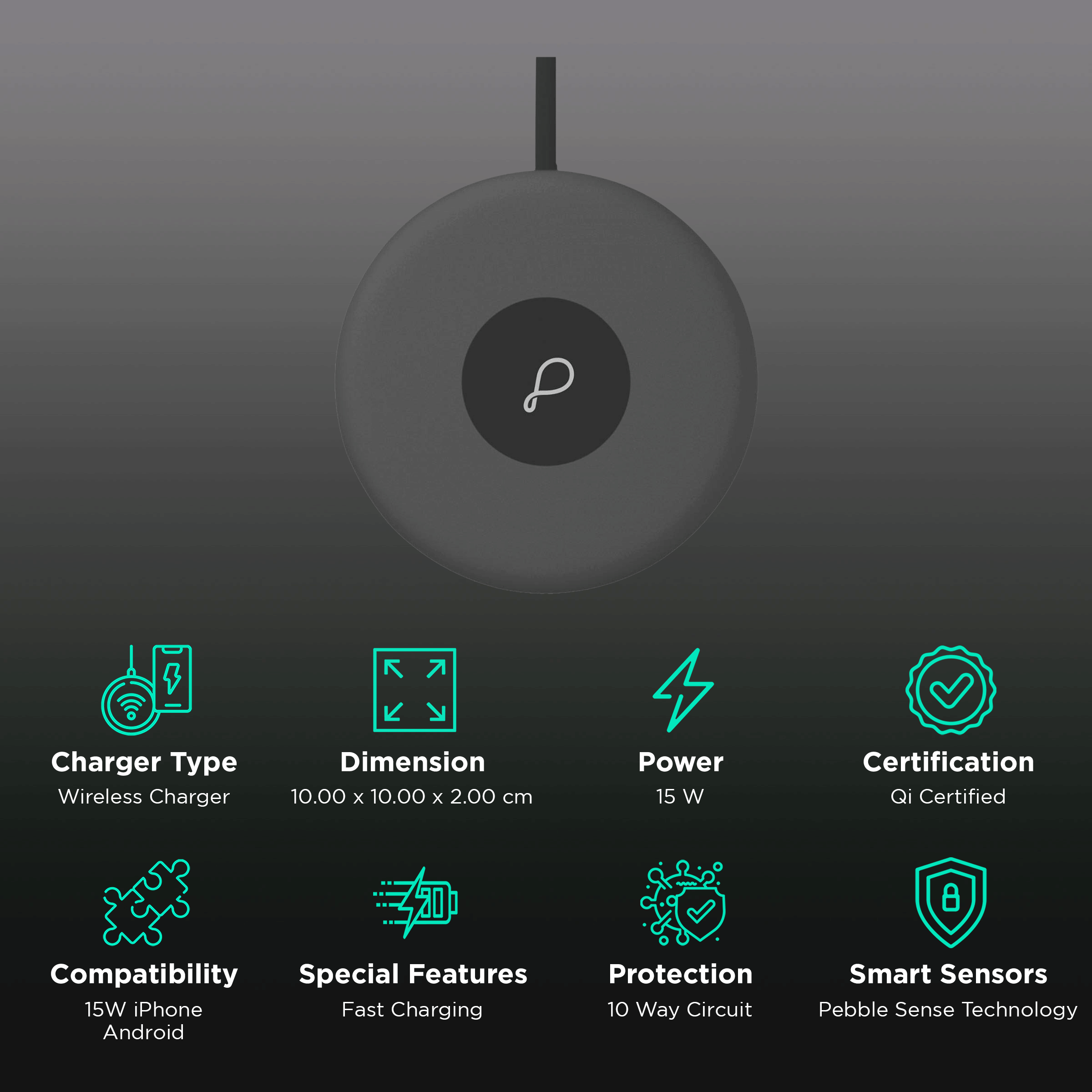 Pebble Sense Pro 15W Wireless Charger for iPhone 11, 11 Pro, 11 Pro Max, XS Max, XR, XS, X, 8, 8 Plus/SAMSUNG Galaxy Note 10, Note 10 Plus, S10, S10 Plus, S10E, Note 9, S9, S9 Plus (Qi Certified, Temprature Control Technology, Black)_2