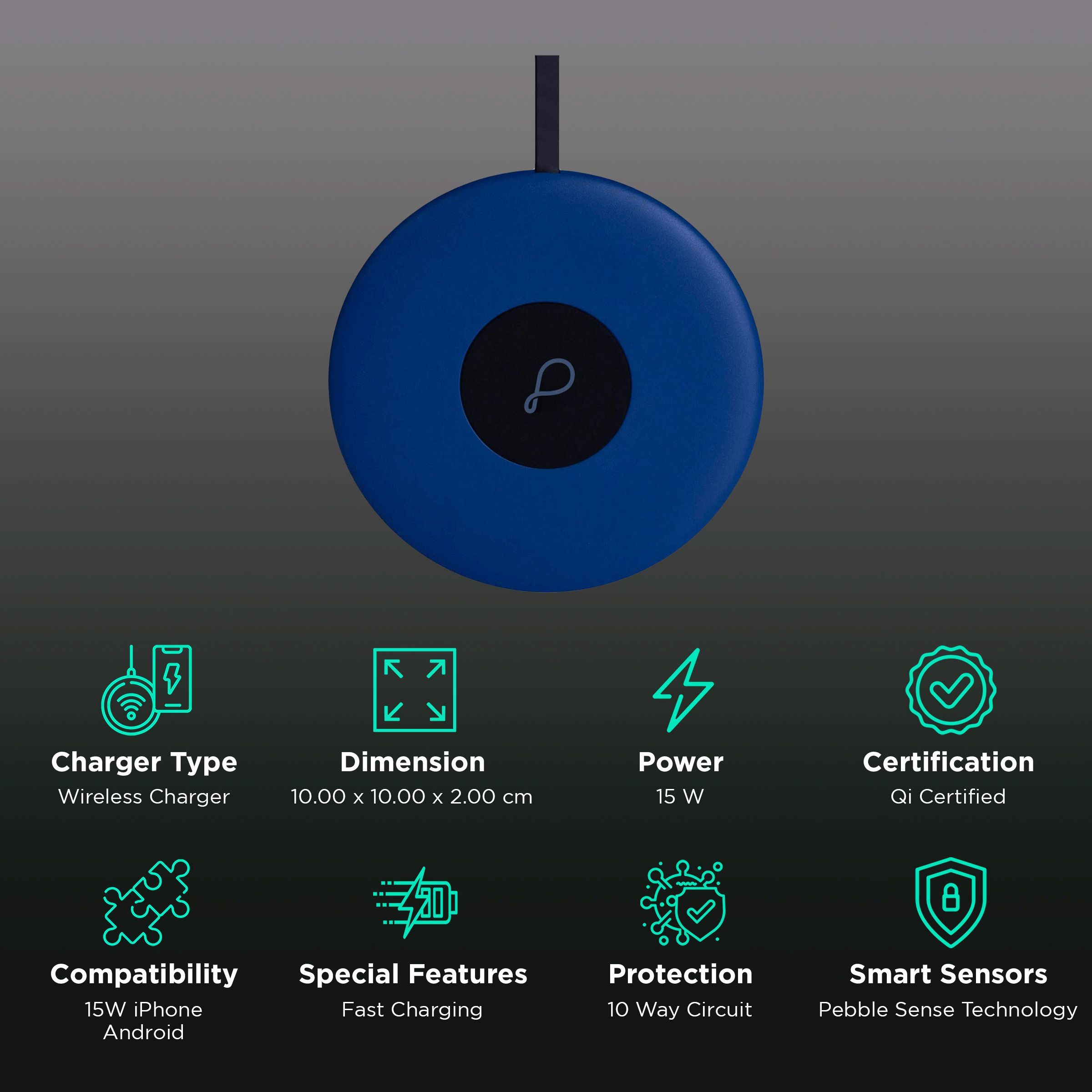 Pebble Sense Pro 15W Wireless Charger for iPhone 11, 11 Pro, 11 Pro Max, XS Max, XR, XS, X, 8, 8 Plus/SAMSUNG Galaxy Note 10, Note 10 Plus, S10, S10 Plus, S10E, Note 9, S9, S9 Plus (Qi Certified, Temprature Control Technology, Cobalt Blue)_2