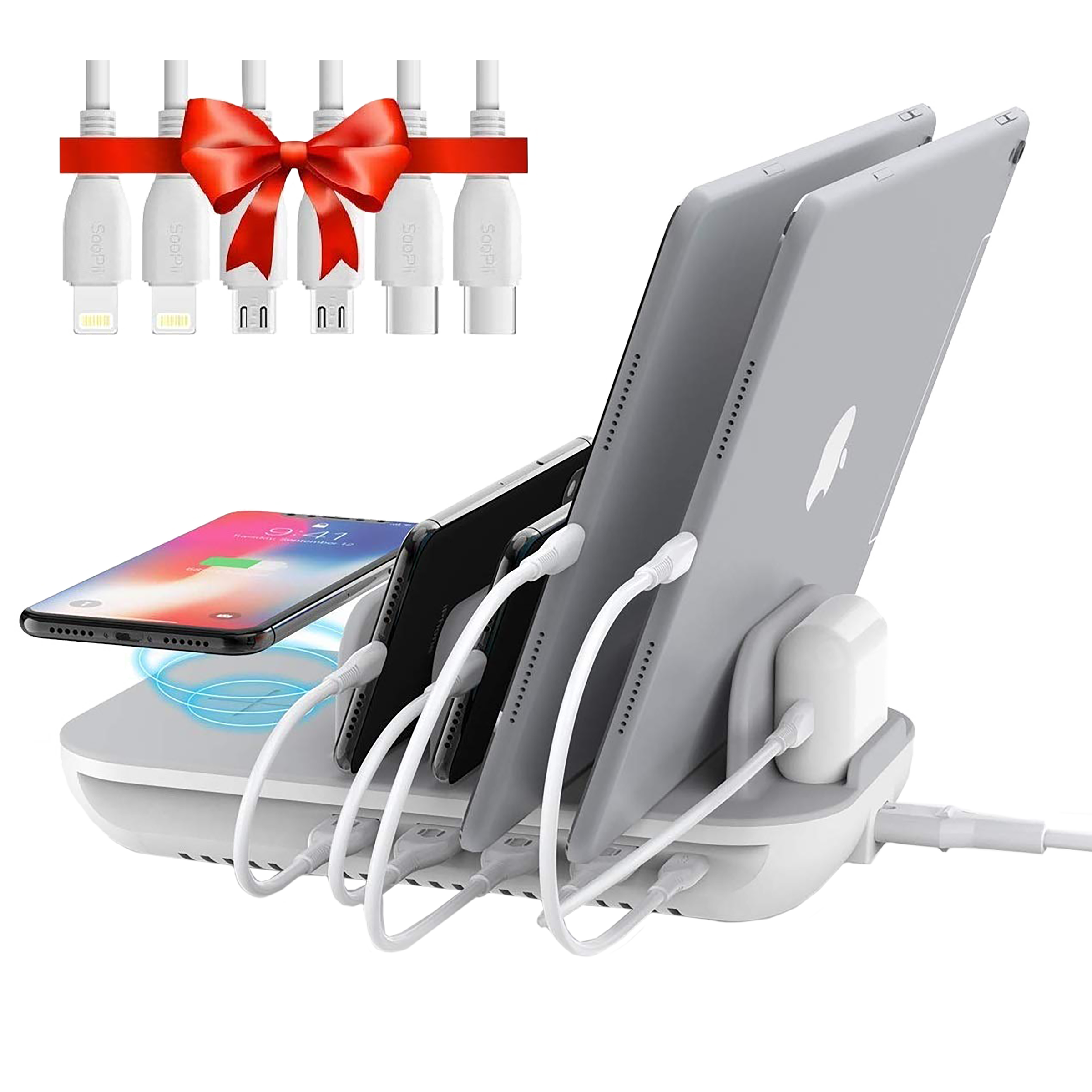 Soopii 60W 6-in-1 Wireless Charging Dock for iPhone XS, Max XS, XR, X, 8, 8 Plus/Google Pixel 3, 3XL, 2, 2XL/Samsung Galaxy Note 9, Note 8, S9, S9 Plus, S8, S8 Plus, S7, Nexus 5X 6P, Earbuds (Qi Charging, White/Grey)_1