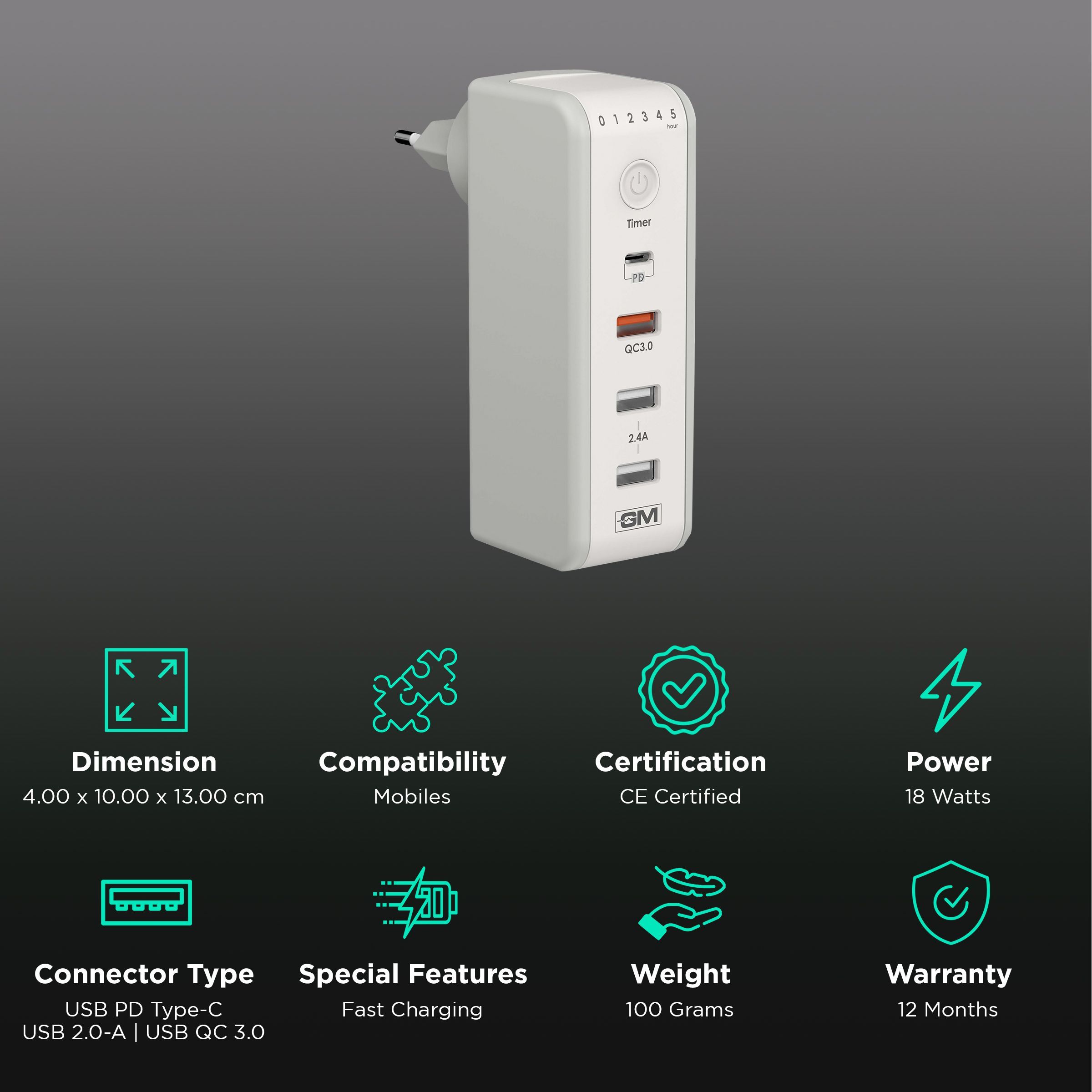 GM Cuba 18W Type A & Type C 4-Port Fast Charger (Adapter Only, 180 Degree Plug Rotation, White)_2