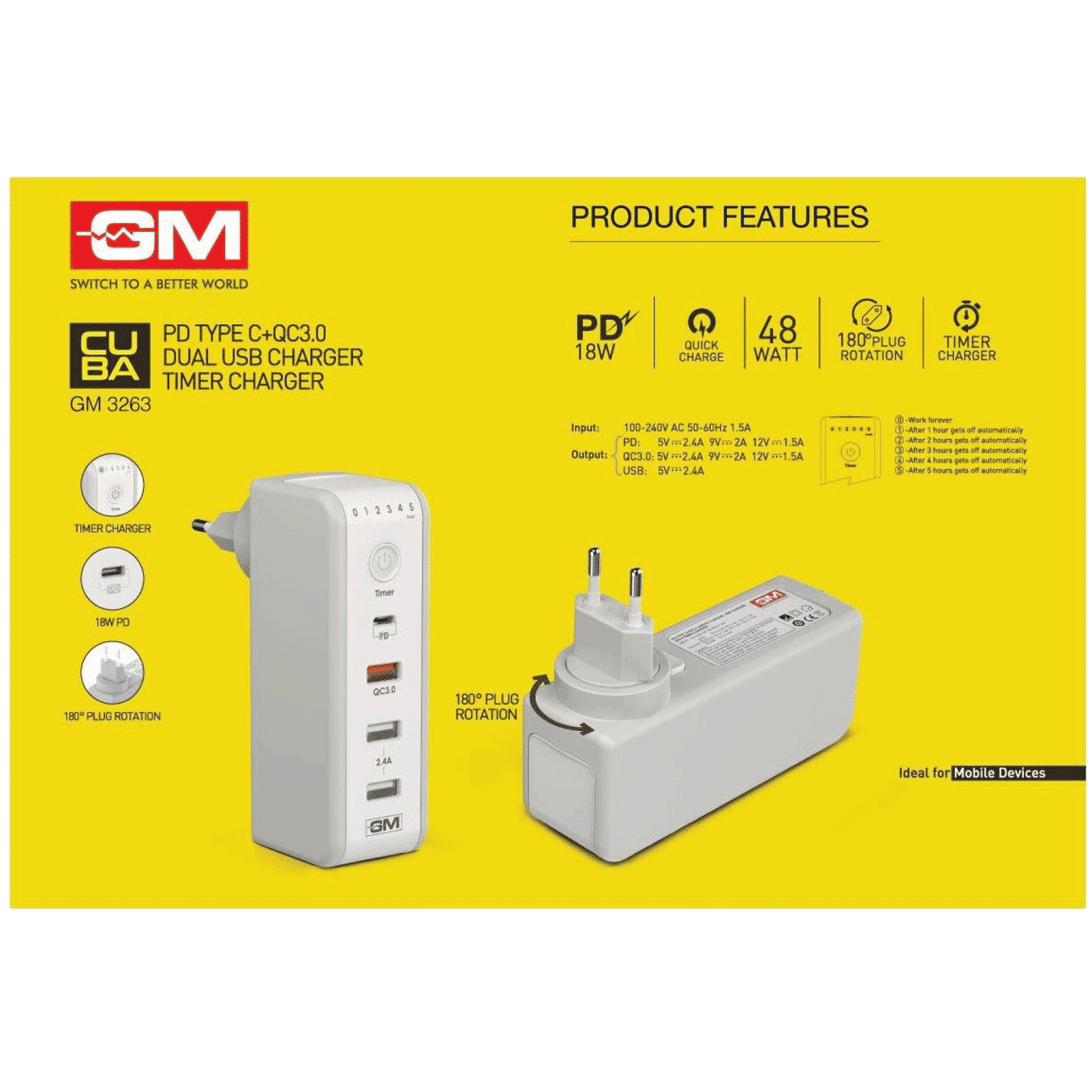 GM Cuba 18W Type A & Type C 4-Port Fast Charger (Adapter Only, 180 Degree Plug Rotation, White)_4