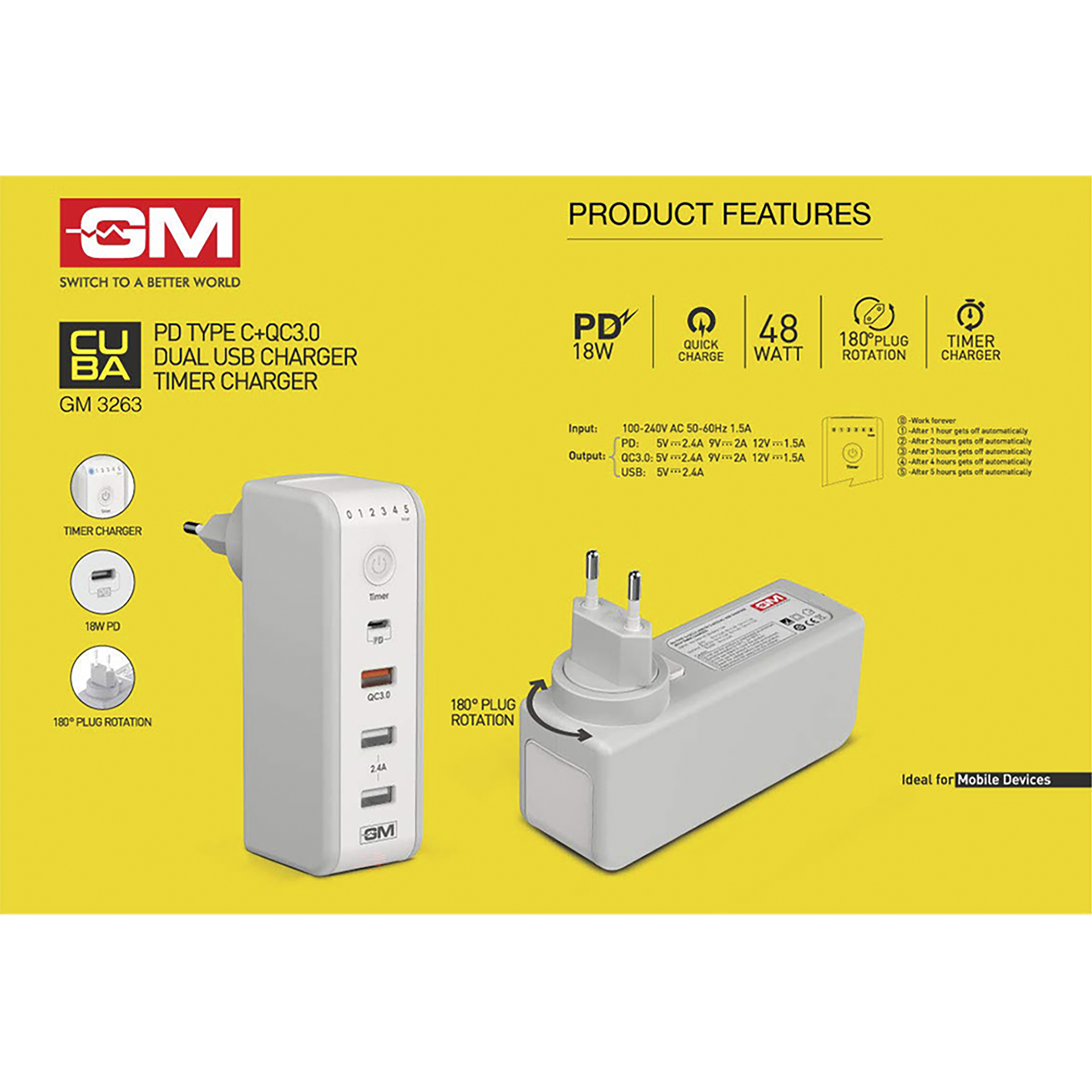 GM Cuba 18W Type A & Type C 4-Port Fast Charger (Adapter Only, 180 Degree Plug Rotation, White)_6