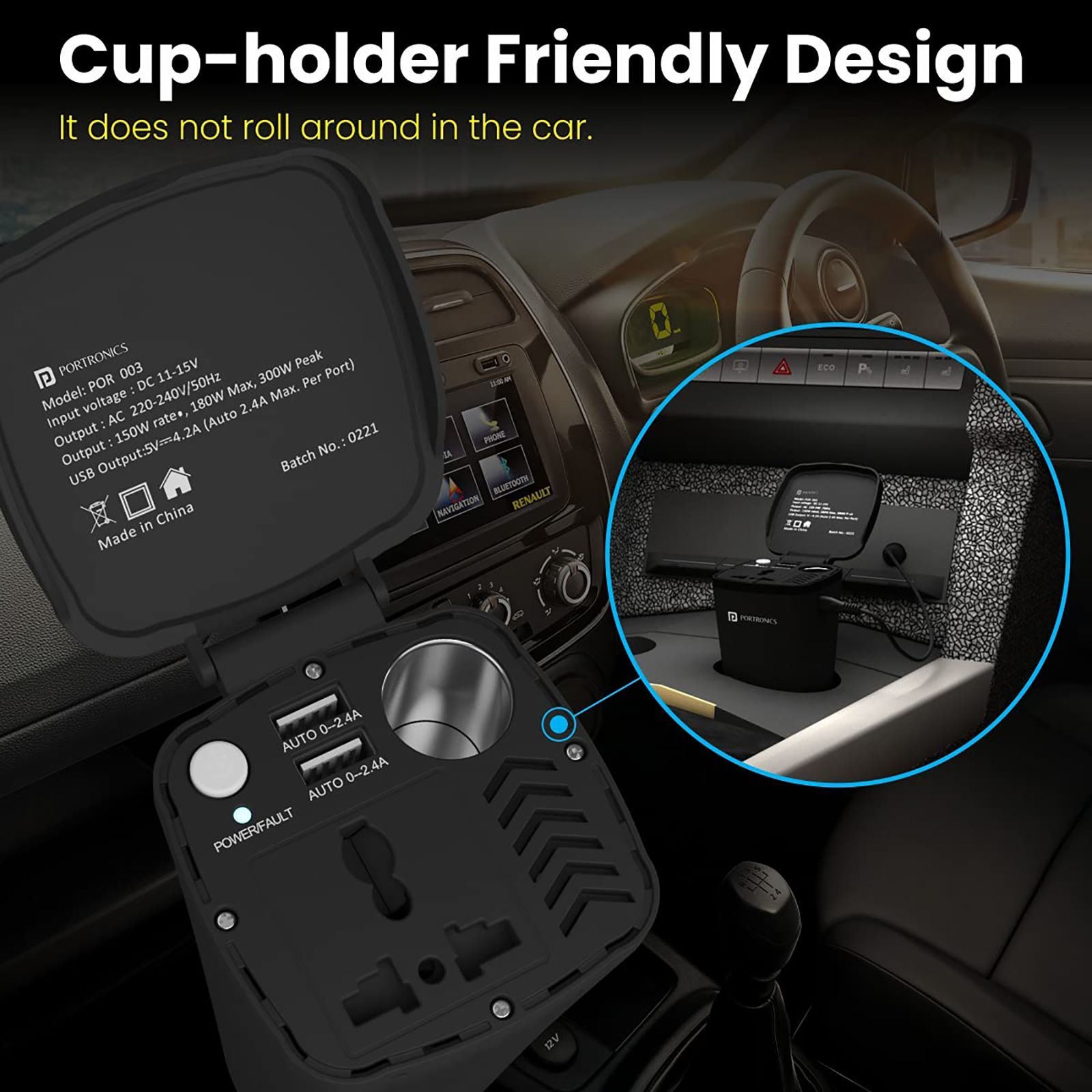 Portronics Power One 150W Type A 2-Port Fast Car Charger (Adapter Only, Multiple Protection, Black)_2