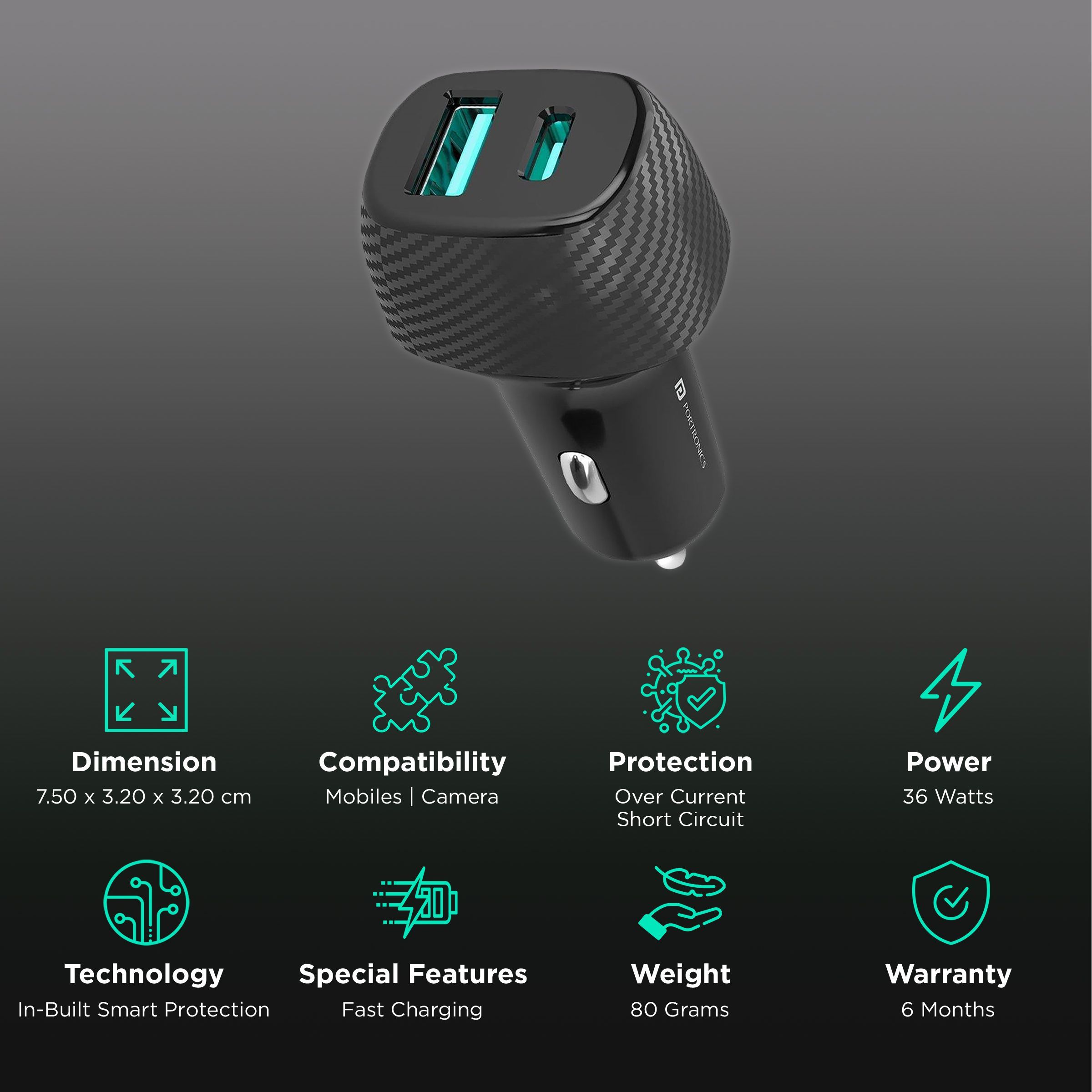 Portronics Power 6 36W Type A & Type C 2-Port Fast Car Charger (Adapter Only, In-Built Smart Protection, Black)_2
