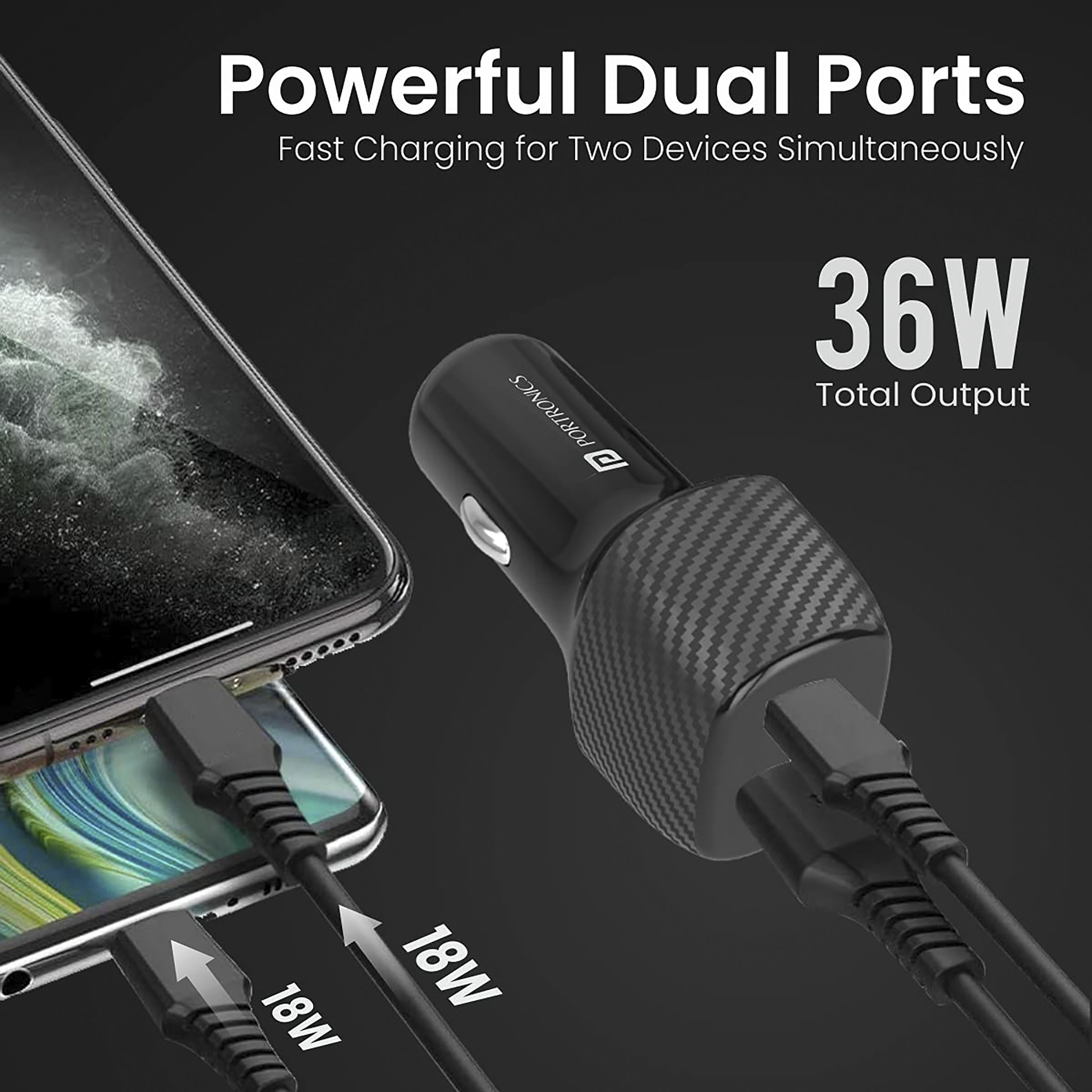 Portronics Power 6 36W Type A & Type C 2-Port Fast Car Charger (Adapter Only, In-Built Smart Protection, Black)_4
