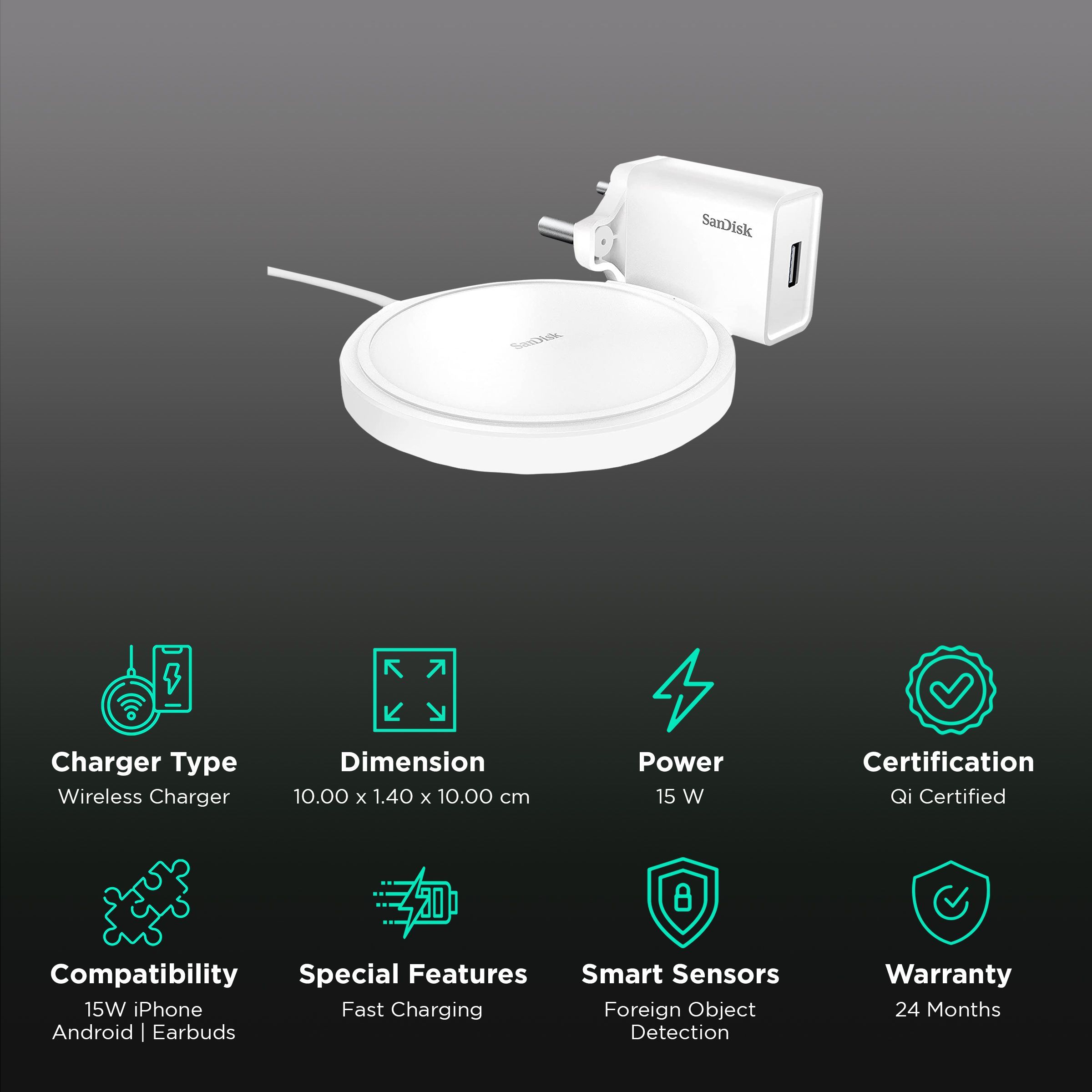 SanDisk Ixpand 15W Wireless Charger for iOS, Android, Earbuds (Qi Certified, Temprature Control Technology, White) SanDisk Ixpand 15W Wireless Charger for iOS, Android, Earbuds (Qi Certified, Temprature Control Technology, White)_2