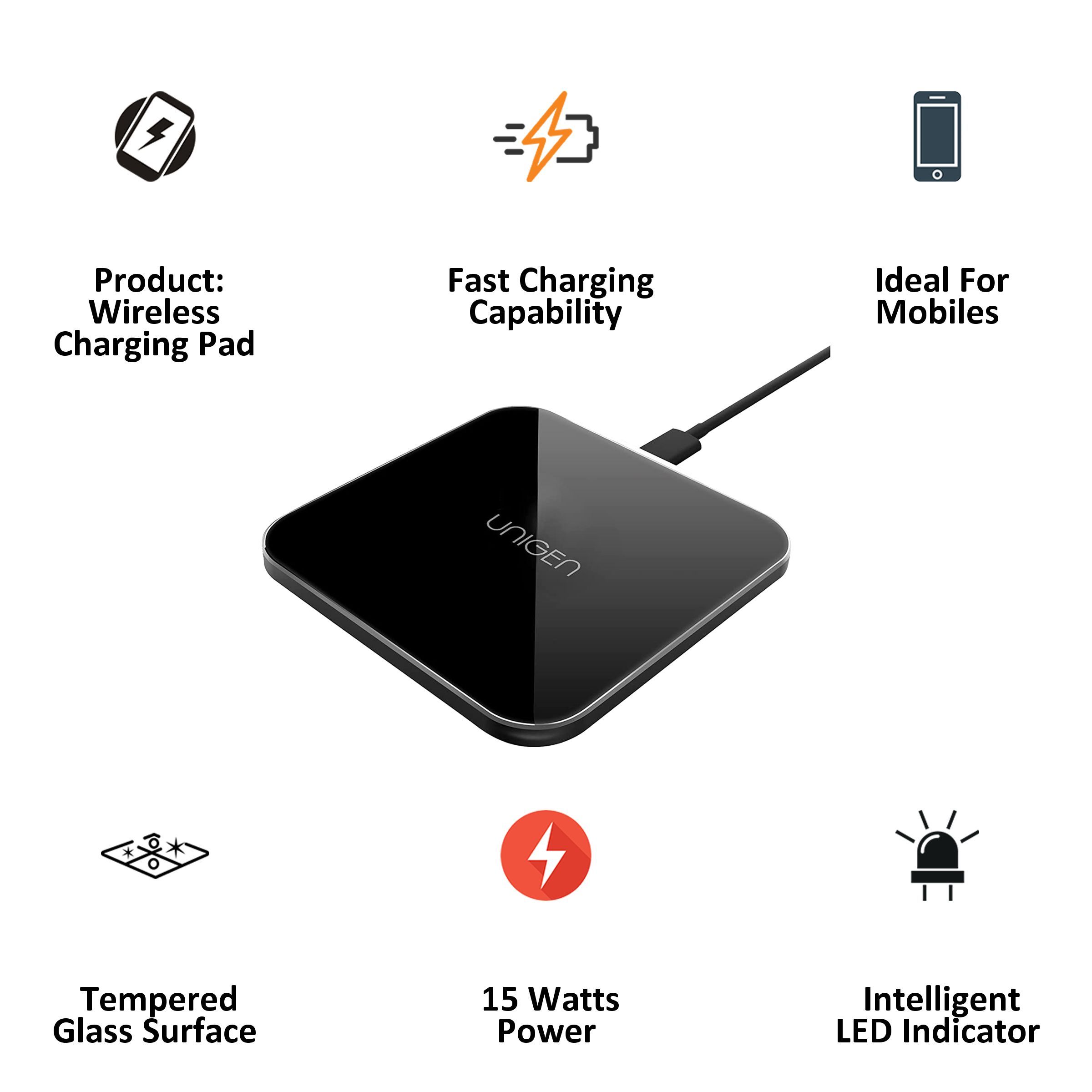 UNIGEN Unipad 150 15W Wireless Charging Pad for iPhone and Android (Explosion Proof Glass Shell, Black)_3