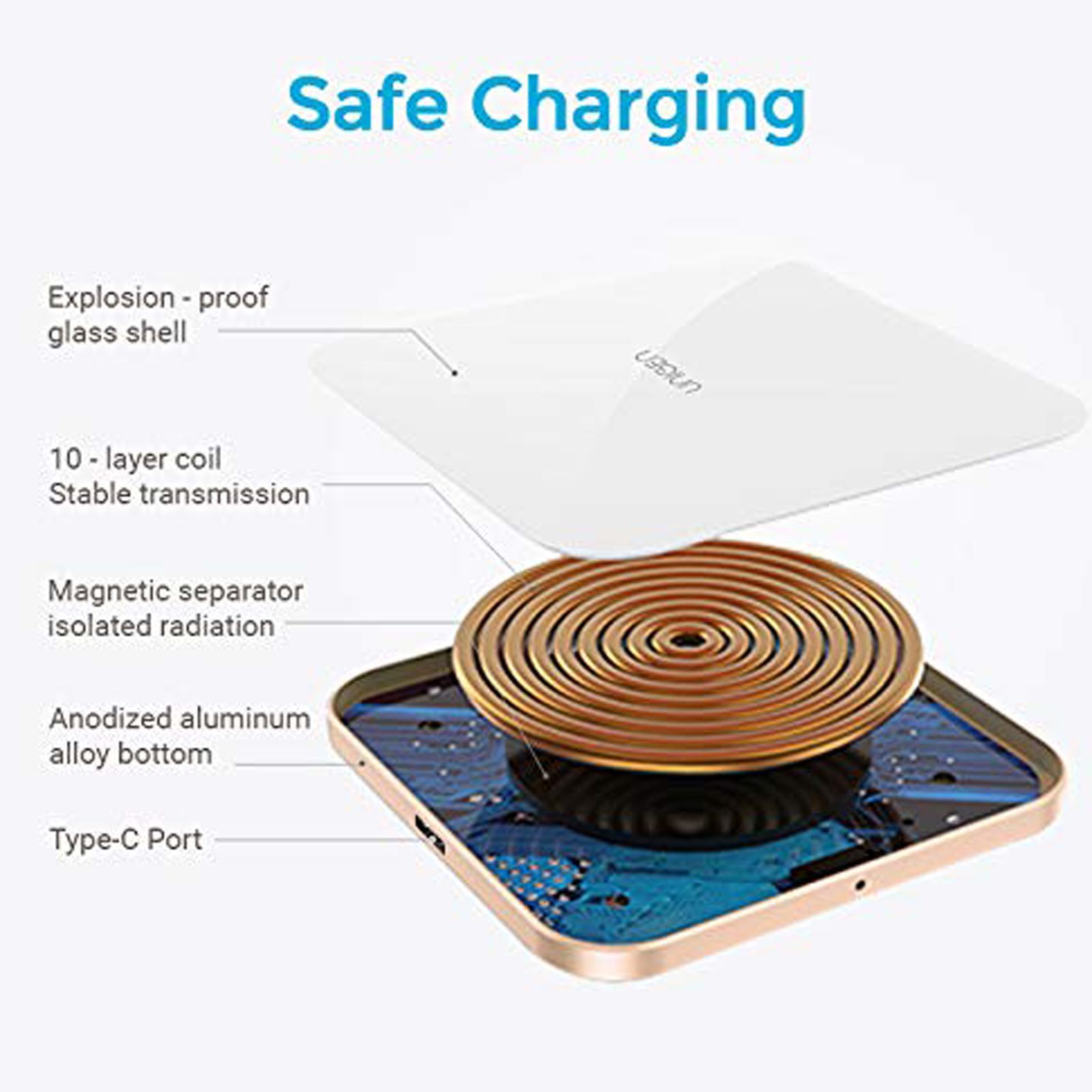 UNIGEN Unipad 150 15W Wireless Charging Pad for iPhone and Android (Explosion Proof Glass Shell, White)_6