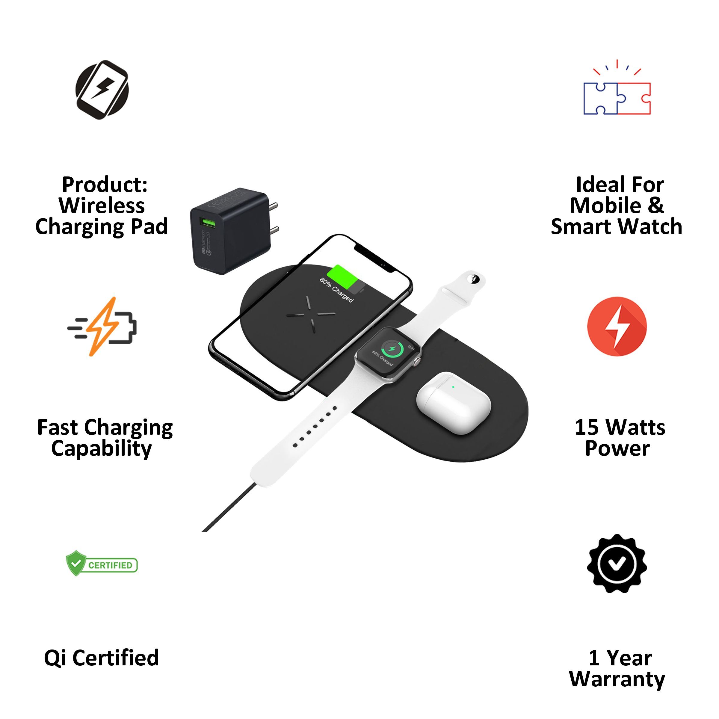 UNIGEN Unidock 300 15W 3-in-1 Wireless Charging Pad for iOS, Android, Apple Watch and AirPods (Qi Certified, Fast Charging, Black)_3