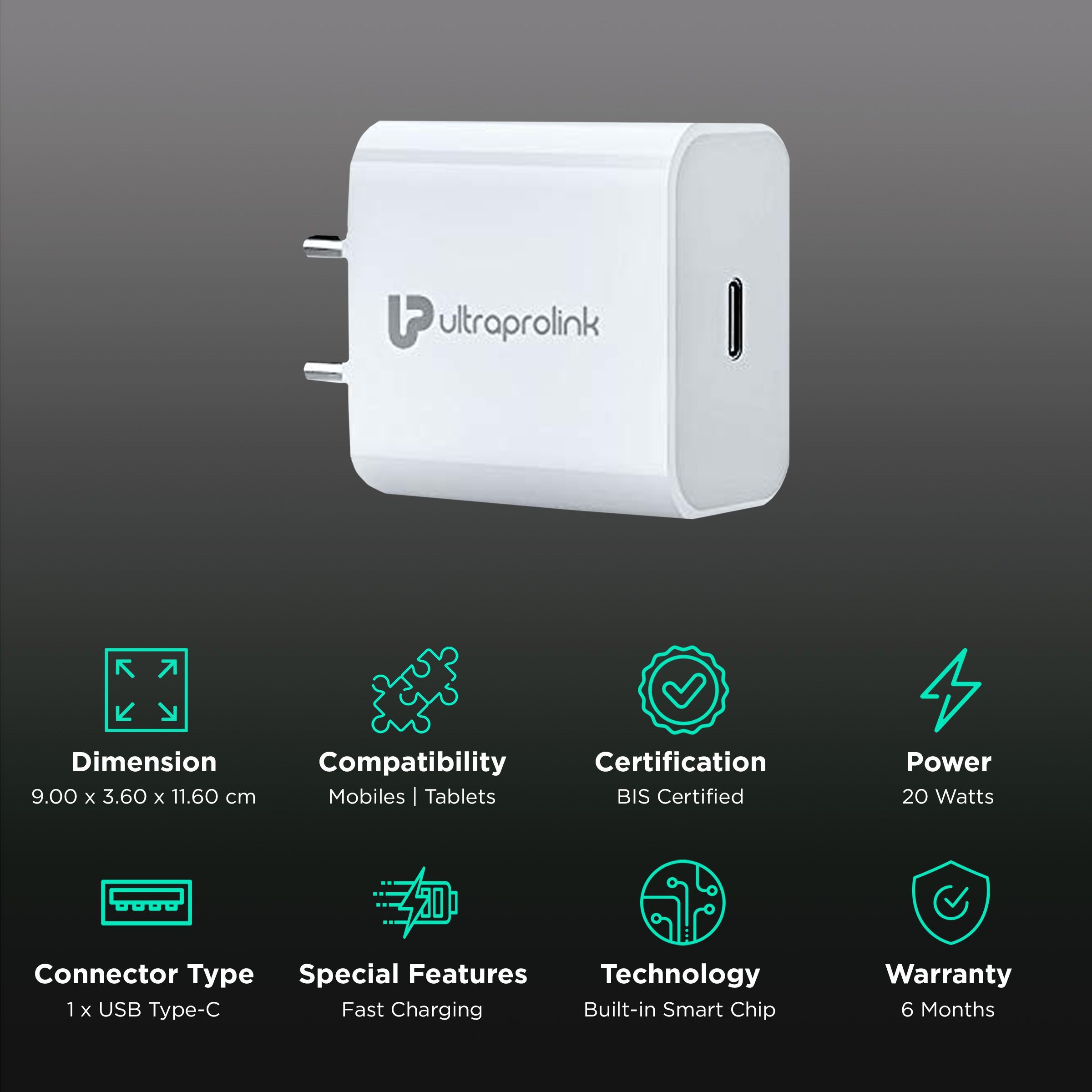 UltraProlink Boost 20W Type C Fast Charger (Adapter Only, Built-in Smart Chip, White)_2
