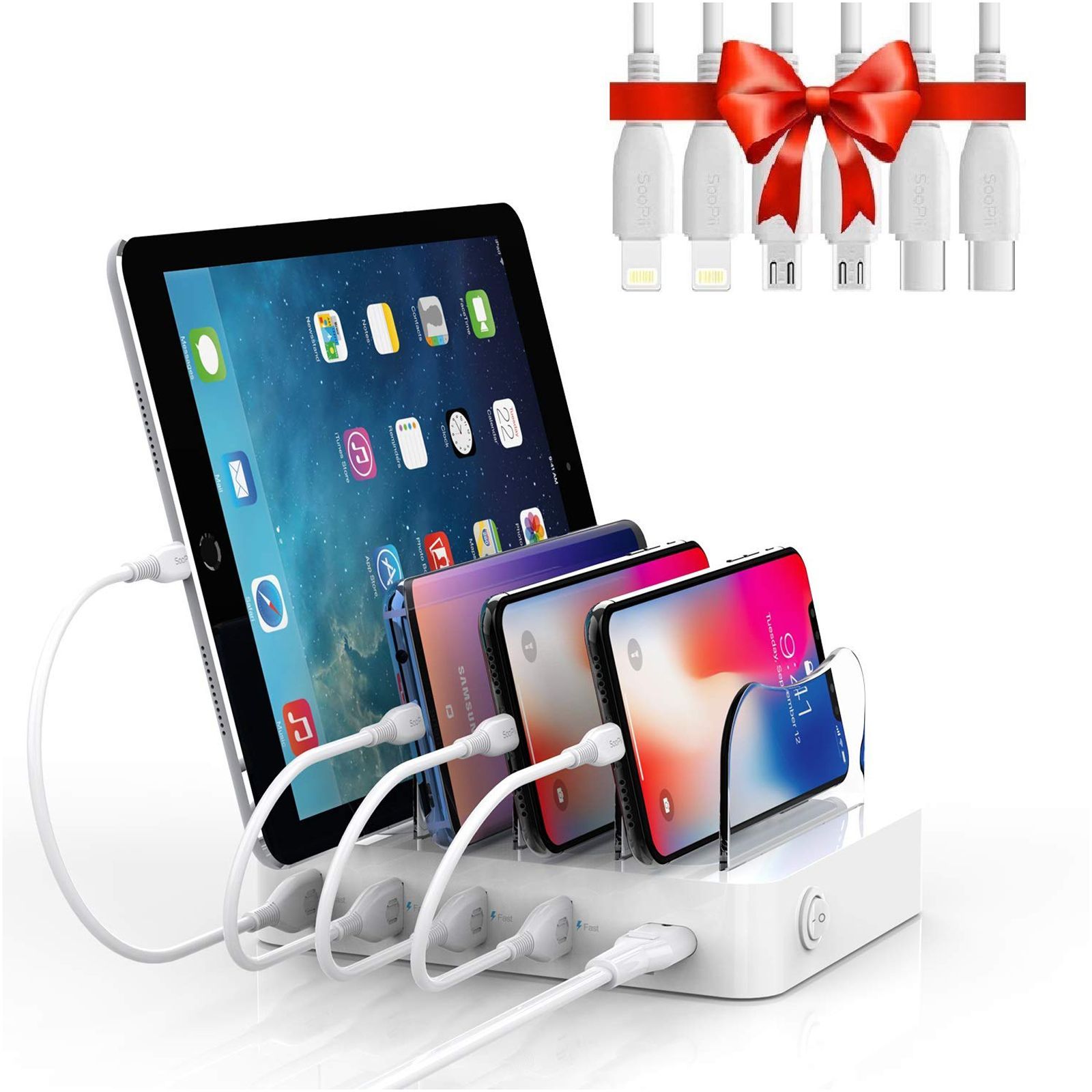 Soopii 22W Type A 4-Port Fast Charging Station (Type A to Type C, Type A to Micro USB & Type A to Lightning Cable, VoltageBoost Technology, White) Soopii 22W Type A 4-Port Fast Charging Station (Type A to Type C, Type A to Micro USB & Type A to Lightning Cable, VoltageBoost Technology, White)_1