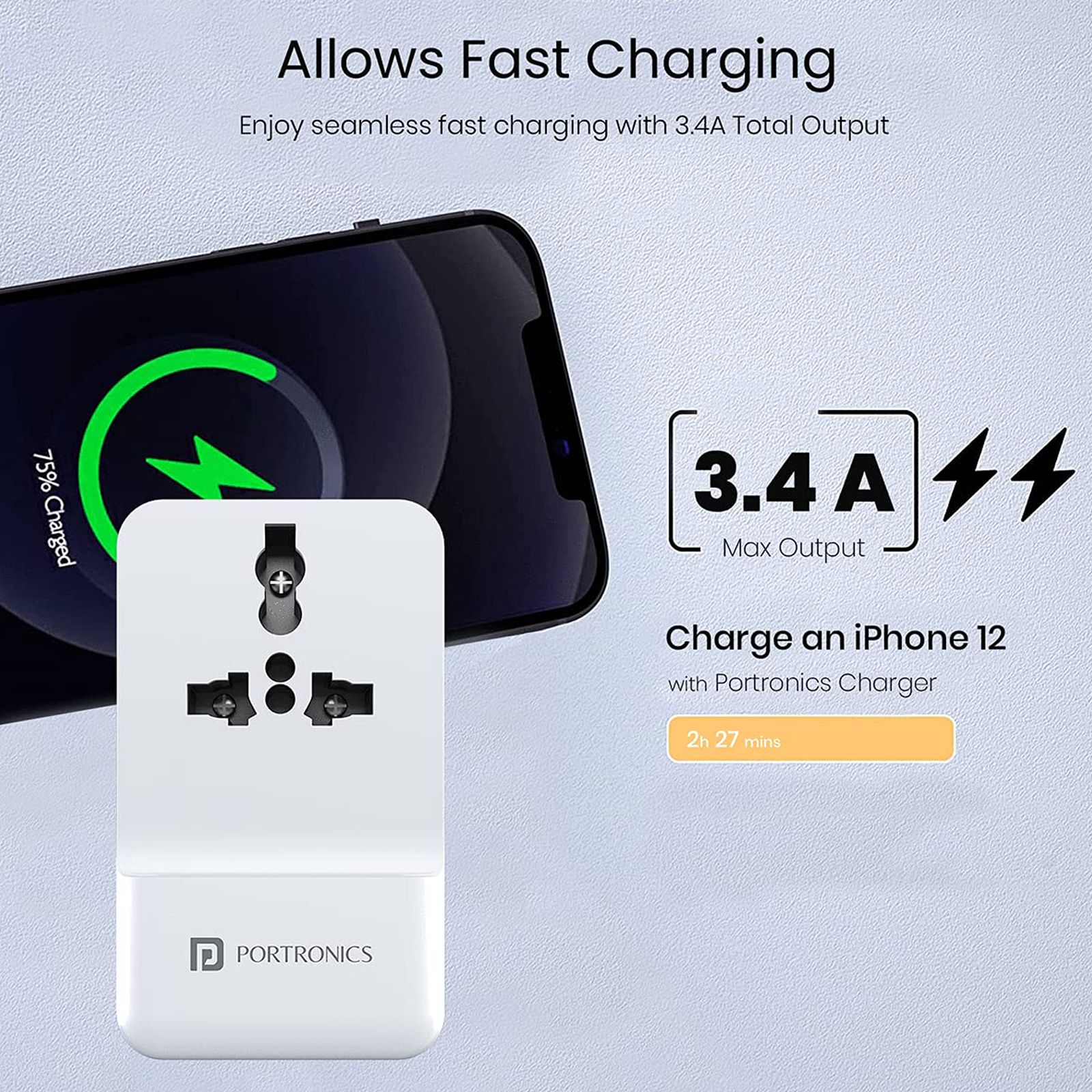 Portronics Adapto III Type A 2-Port Fast Charger (Adapter Only, Short-Circuit Protection, White) Portronics Adapto III Type A 2-Port Fast Charger (Adapter Only, Short-Circuit Protection, White)_4