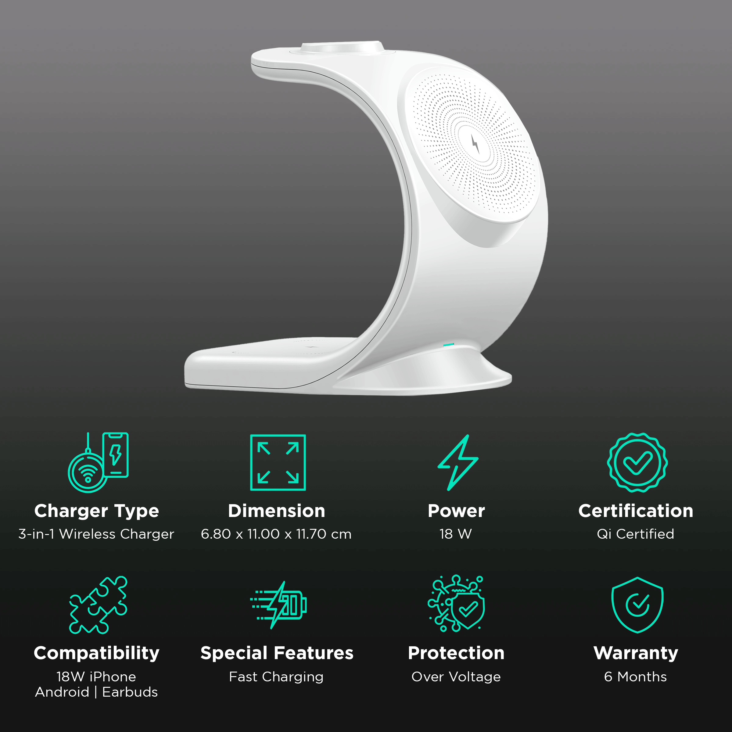 Stuffcool 18W 3-in-1 Wireless Charger for iOS, Android, Earbuds (Qi Compatible, White) Stuffcool 18W 3-in-1 Wireless Charger for iOS, Android, Earbuds (Qi Compatible, White)_2