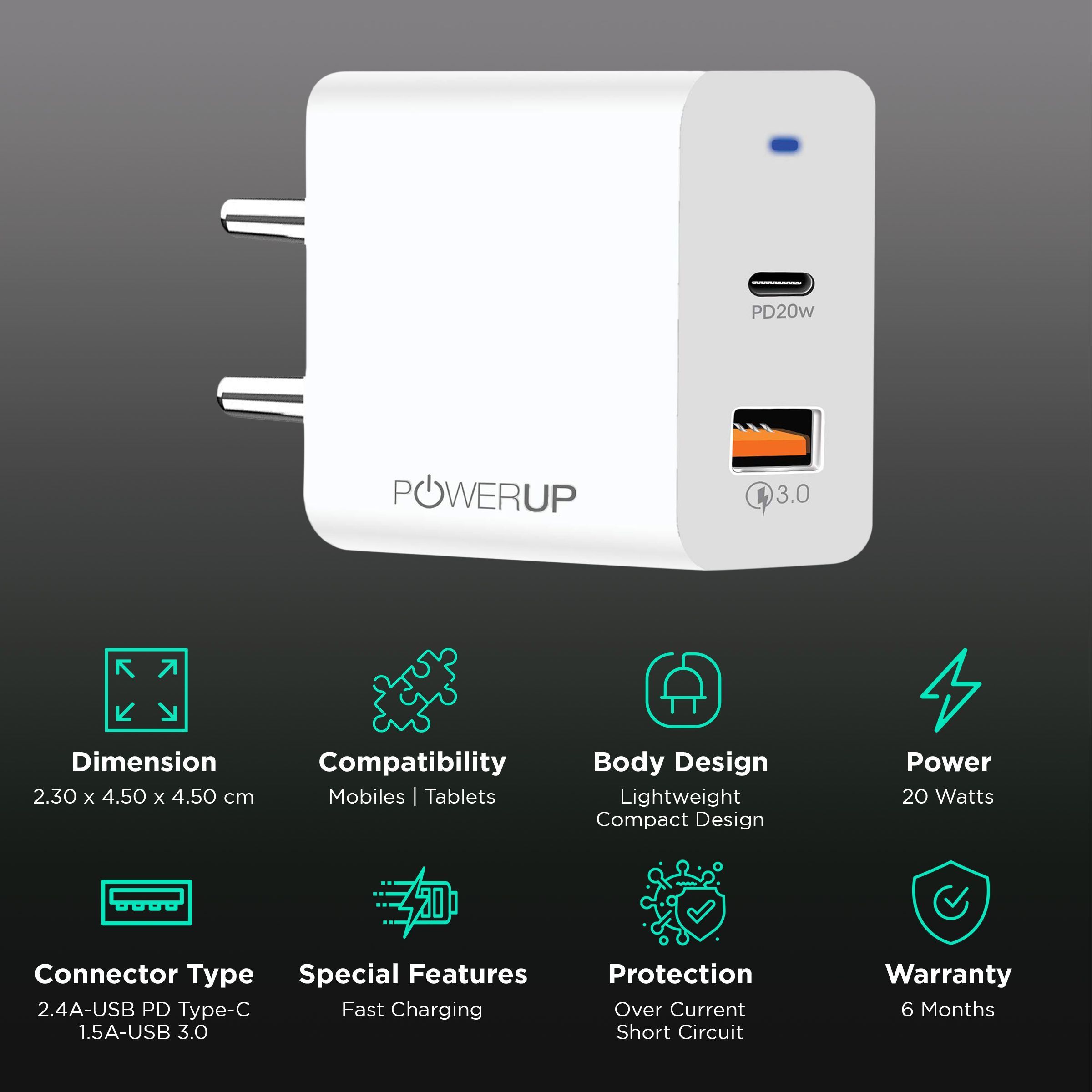 POWERUP 20W Type A & Type C 2-Port Fast Charger (Adapter Only, Multiple Safety Protection, White)_2
