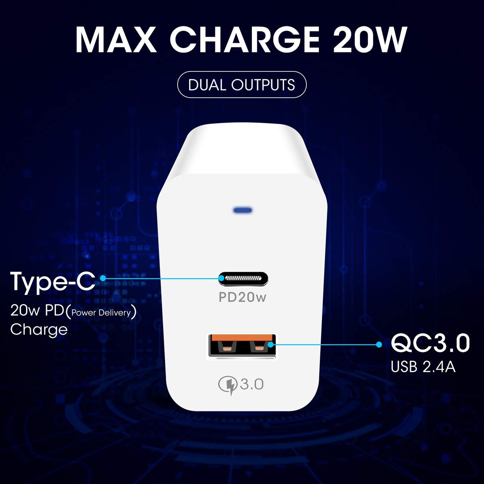 POWERUP 20W Type A & Type C 2-Port Fast Charger (Adapter Only, Multiple Safety Protection, White)_3