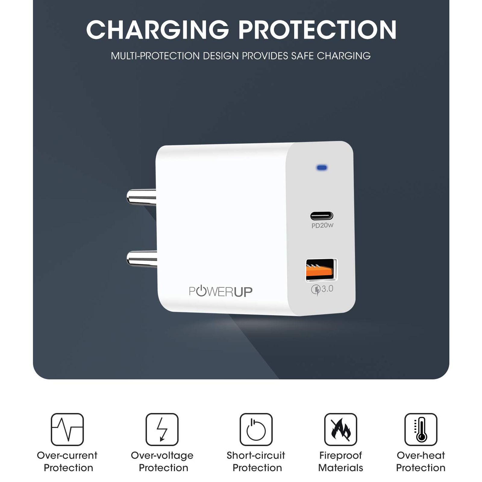 POWERUP 20W Type A & Type C 2-Port Fast Charger (Adapter Only, Multiple Safety Protection, White)_4