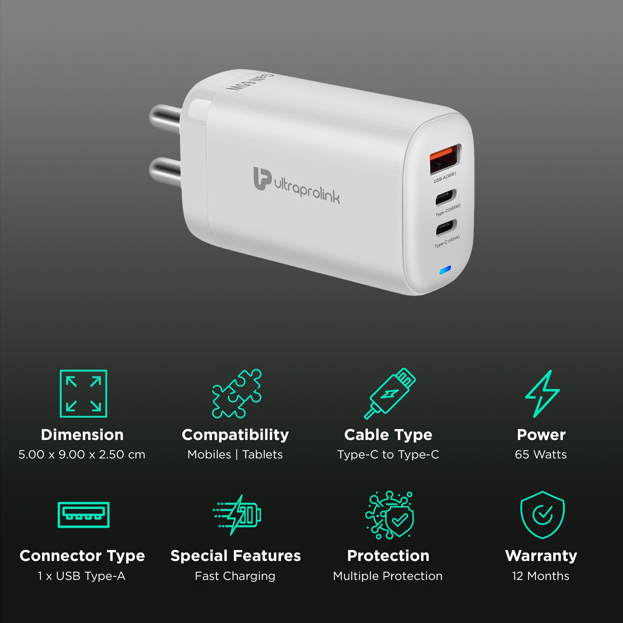 UltraProlink Boost GaN 65W Type A & Type C 3-Port Fast Charger (Type C to Type C Cable, Multi-Layer Protection, White) UltraProlink Boost GaN 65W Type A & Type C 3-Port Fast Charger (Type C to Type C Cable, Multi-Layer Protection, White)_2