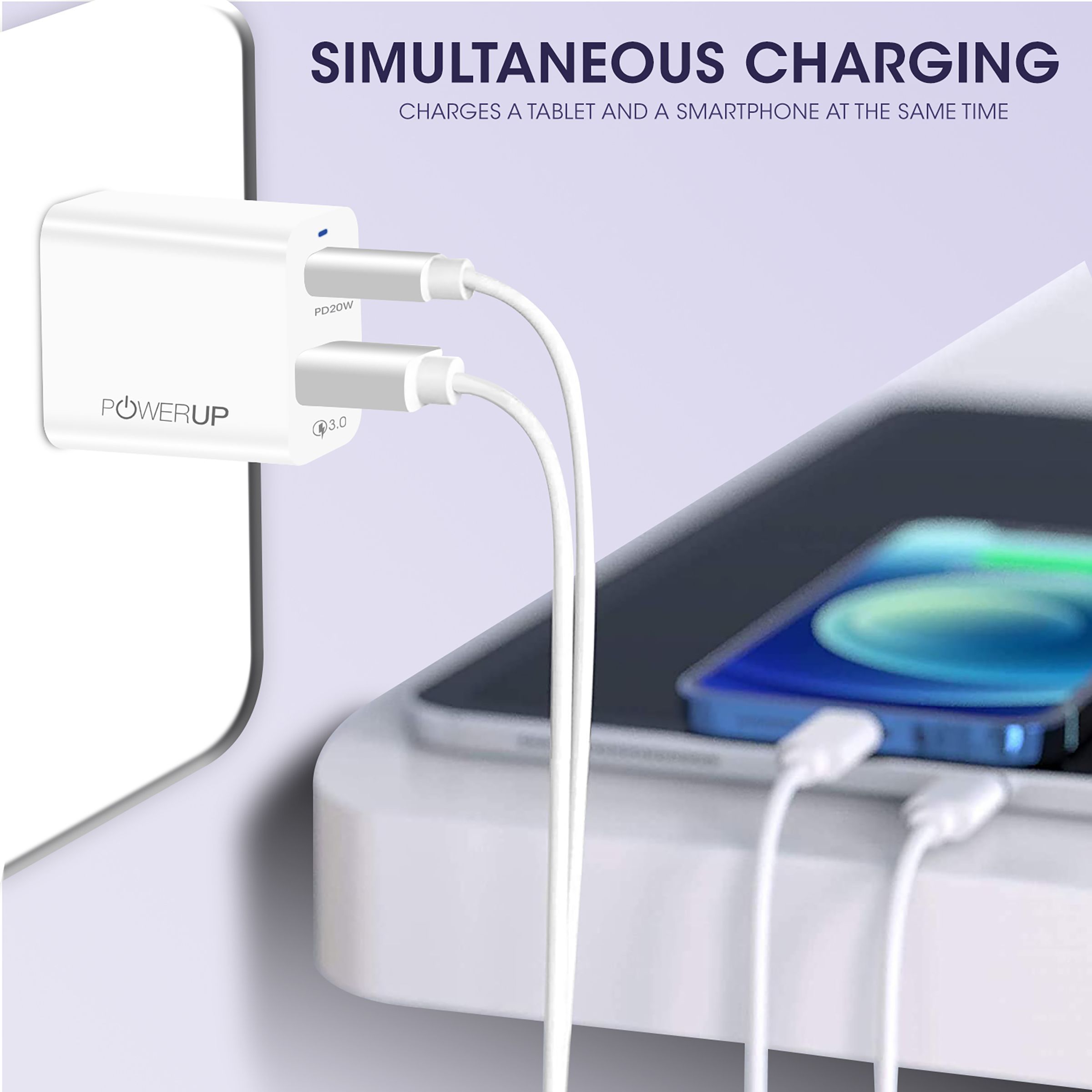 POWERUP 20W Type A & Type C 2-Port Fast Charger (Type C & Lightning Cable, Short-Circuit Protection, White) POWERUP 20W Type A & Type C 2-Port Fast Charger (Type C & Lightning Cable, Short-Circuit Protection, White)_8