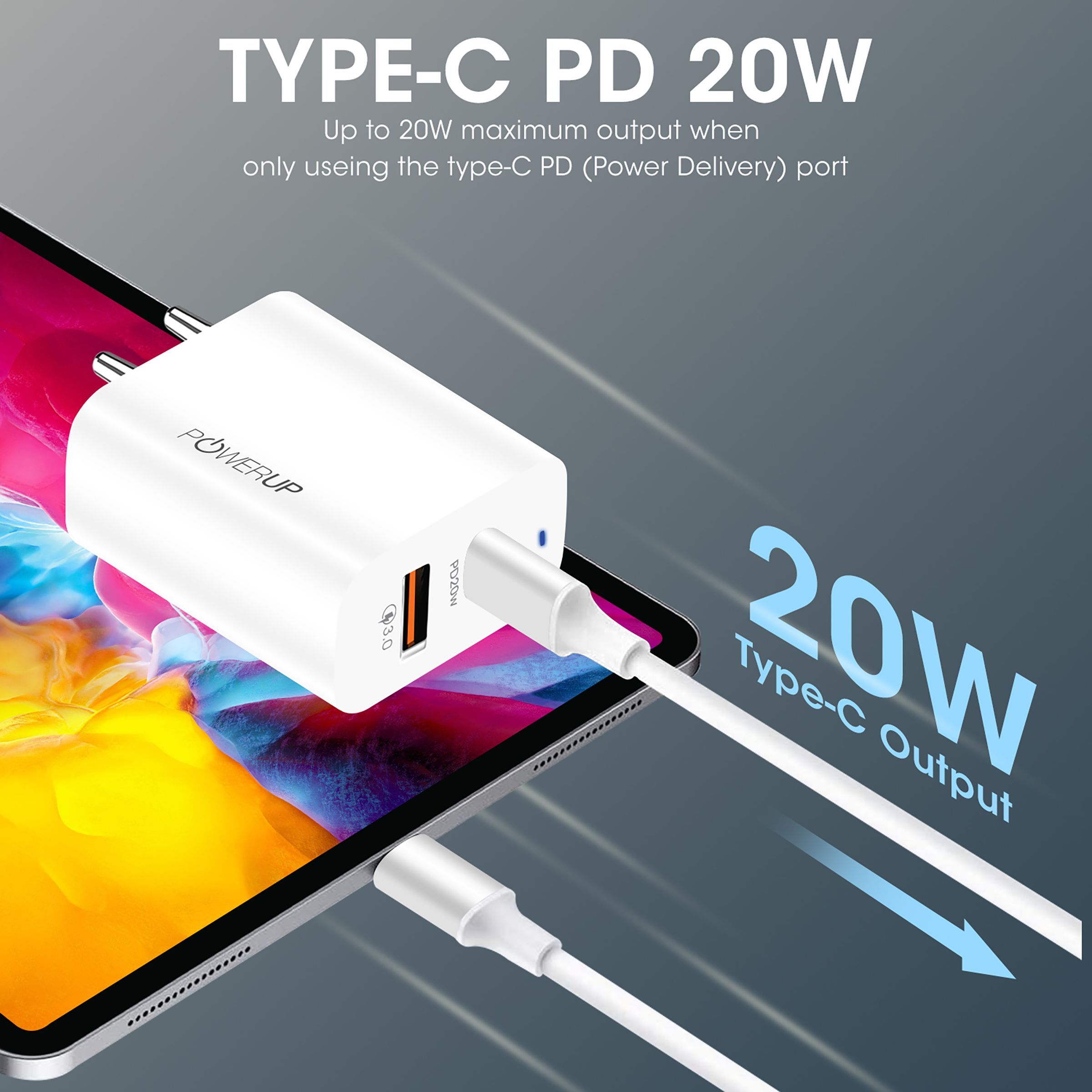 POWERUP 20W Type A & Type C 2-Port Fast Charger (Type C & Lightning Cable, Short-Circuit Protection, White) POWERUP 20W Type A & Type C 2-Port Fast Charger (Type C & Lightning Cable, Short-Circuit Protection, White)_10