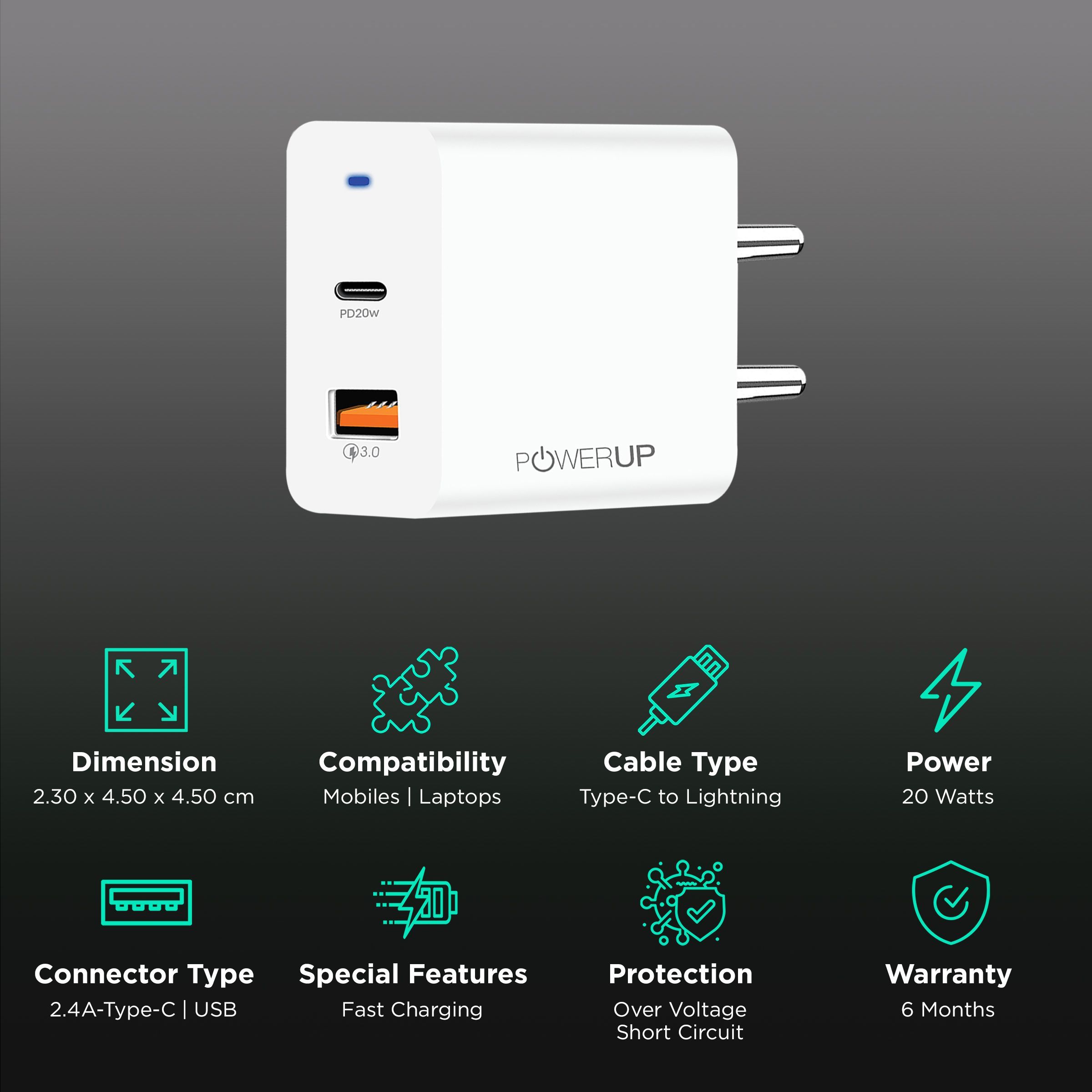 POWERUP 20W Type A & Type C 2-Port Fast Charger (Type C & Lightning Cable, Short-Circuit Protection, White) POWERUP 20W Type A & Type C 2-Port Fast Charger (Type C & Lightning Cable, Short-Circuit Protection, White)_2