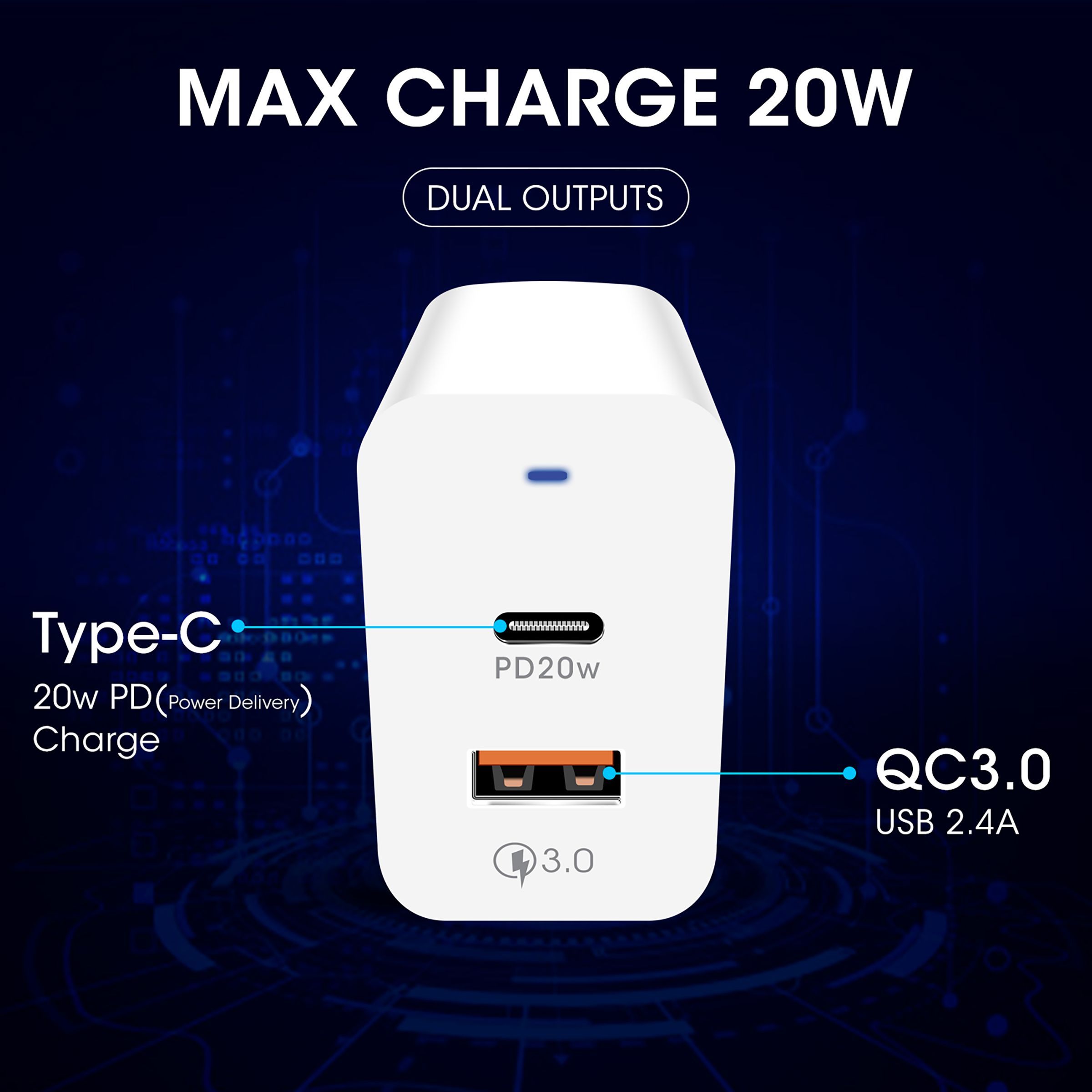 POWERUP 20W Type A & Type C 2-Port Fast Charger (Type C & Lightning Cable, Short-Circuit Protection, White) POWERUP 20W Type A & Type C 2-Port Fast Charger (Type C & Lightning Cable, Short-Circuit Protection, White)_4