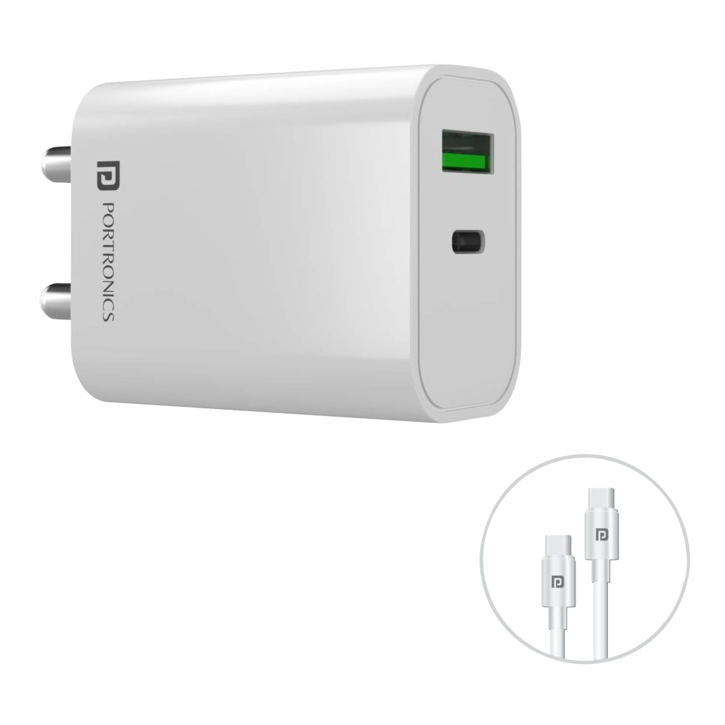 Portronics Adapto 44 20W Type A & Type C 2-Port Fast Charger (Type C to Type C Cable, Multiple Protection, White) Portronics Adapto 44 20W Type A & Type C 2-Port Fast Charger (Type C to Type C Cable, Multiple Protection, White)_1