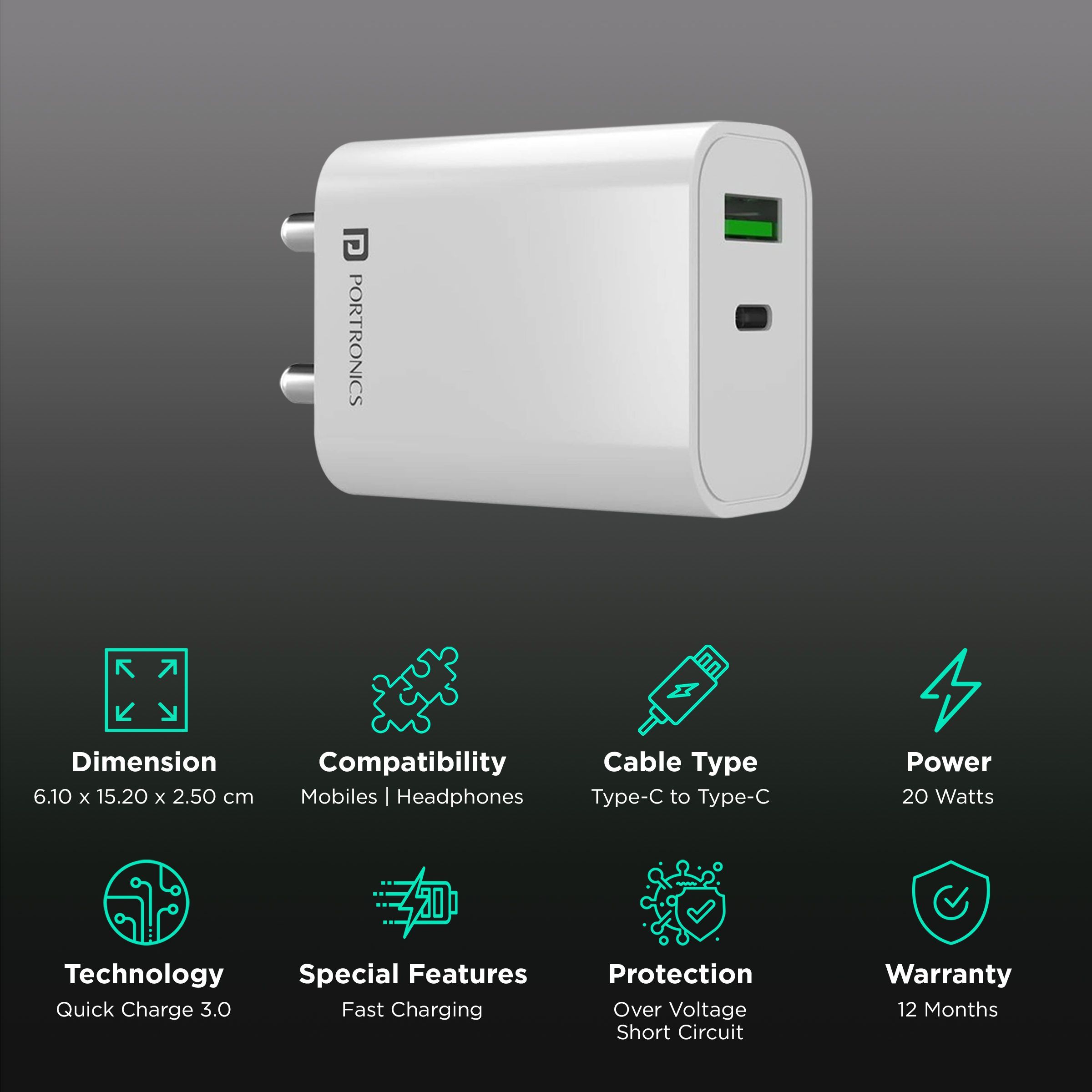 Portronics Adapto 44 20W Type A & Type C 2-Port Fast Charger (Type C to Type C Cable, Multiple Protection, White) Portronics Adapto 44 20W Type A & Type C 2-Port Fast Charger (Type C to Type C Cable, Multiple Protection, White)_2