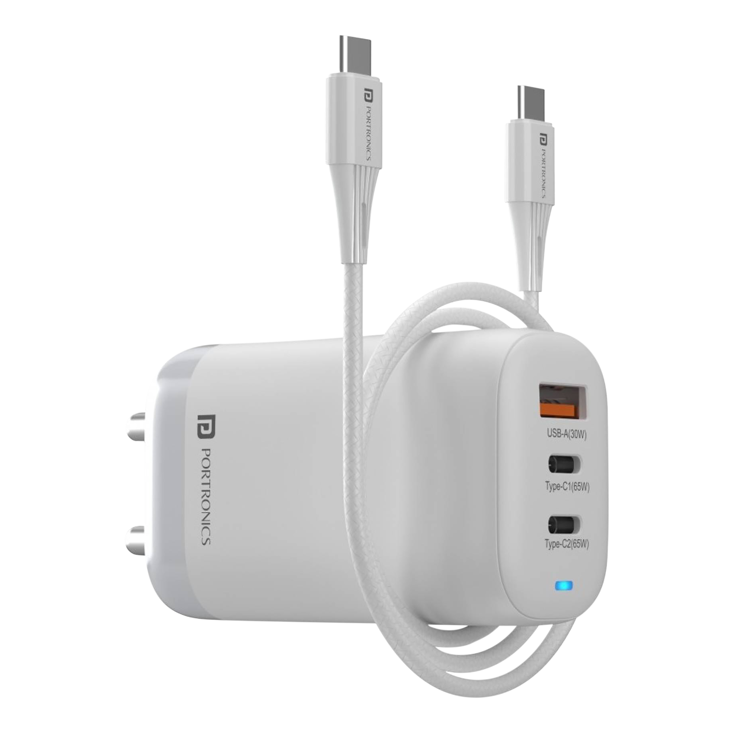 Portronics Adapto 65X 65W Type A & Type C 3-Port Fast Charger (Type C to Type C Cable, Smart IC Protection, White)_1