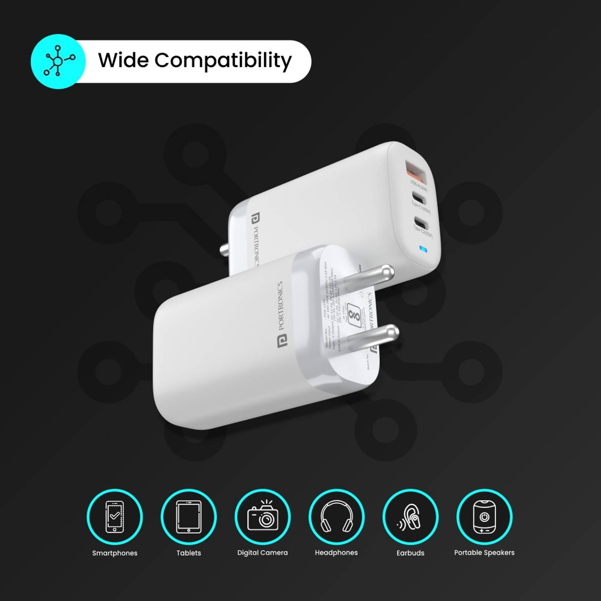 Portronics Adapto 65X 65W Type A & Type C 3-Port Fast Charger (Type C to Type C Cable, Smart IC Protection, White)_6