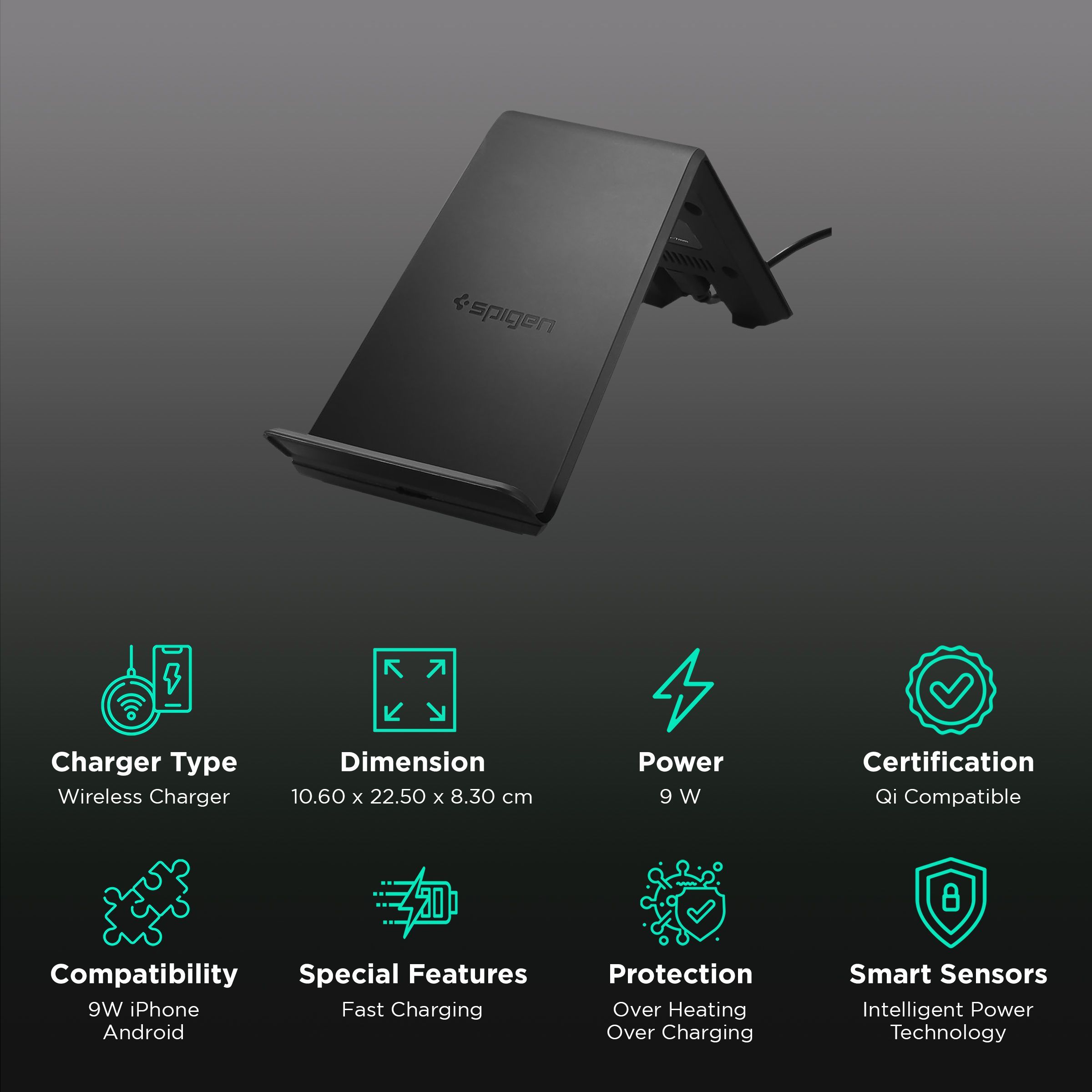 Spigen F303W 9W Wireless Charger for iPhone X, 8, 8 Plus/ SAMSUNG Galaxy S9, S9 Plus, Note 8, S8, S8 Plus, S7 Edge, S7, S6 Edge Plus, Note 5 (Qi Compatible, Black)_2