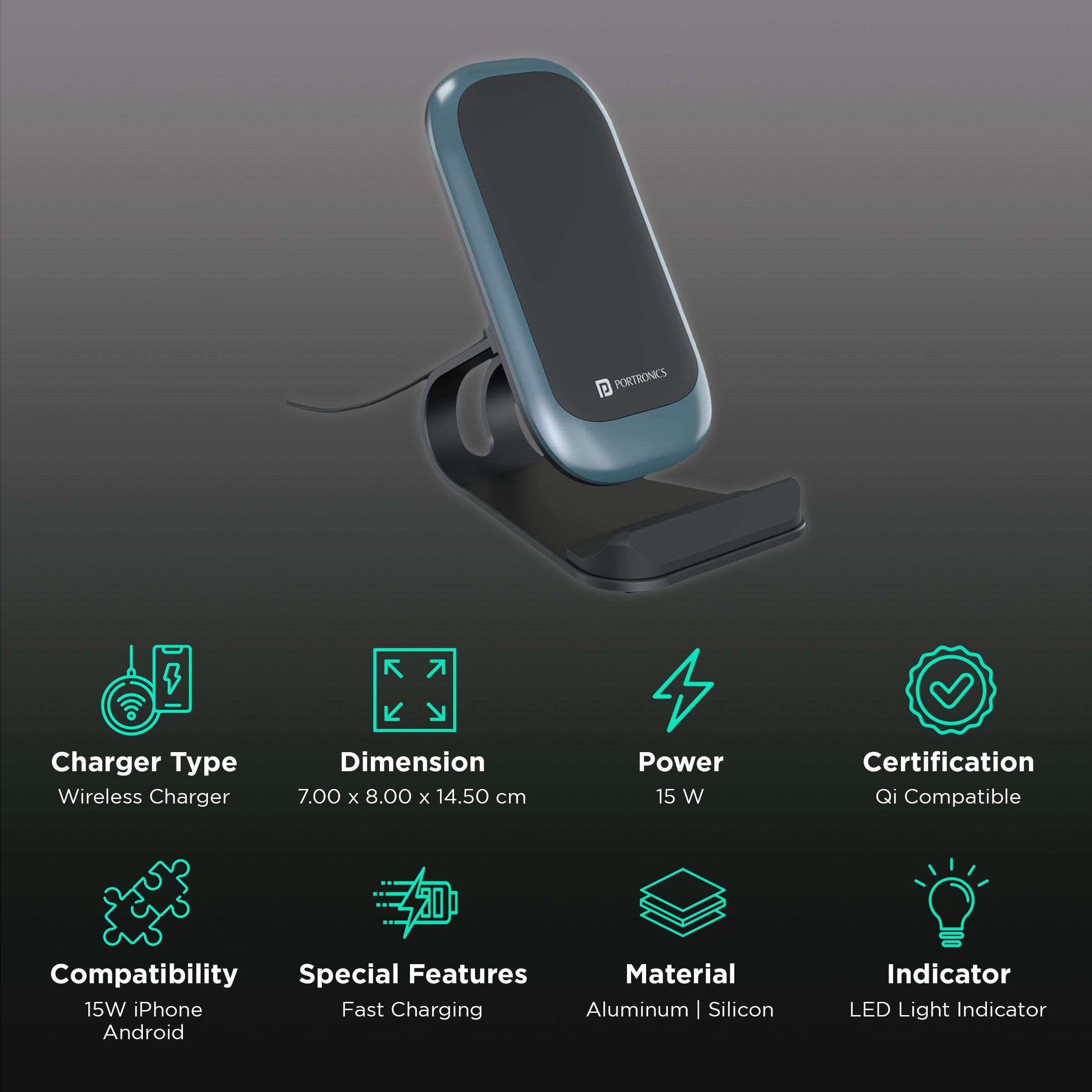 Portronics Freedom 15W Wireless Charger for iPhone 11, 12, 13, Samsung Galaxy Z Fold 2, S20 FE, S6 Edge (Qi Compatible, Black)_2