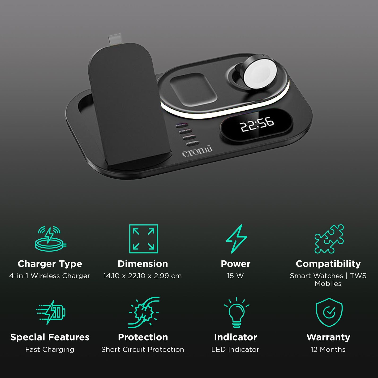 Croma 15W 4-in-1 Wireless Charger for iPhone 14, 14 Pro, 15, 15 Pro iWatch 4, 5, 6, 7, 8 & AirPods 2, Pro, 3 (Multi-Layer Protection, Black) Croma 15W 4-in-1 Wireless Charger for iPhone 14, 14 Pro, 15, 15 Pro iWatch 4, 5, 6, 7, 8 & AirPods 2, Pro, 3 (Multi-Layer Protection, Black)_2