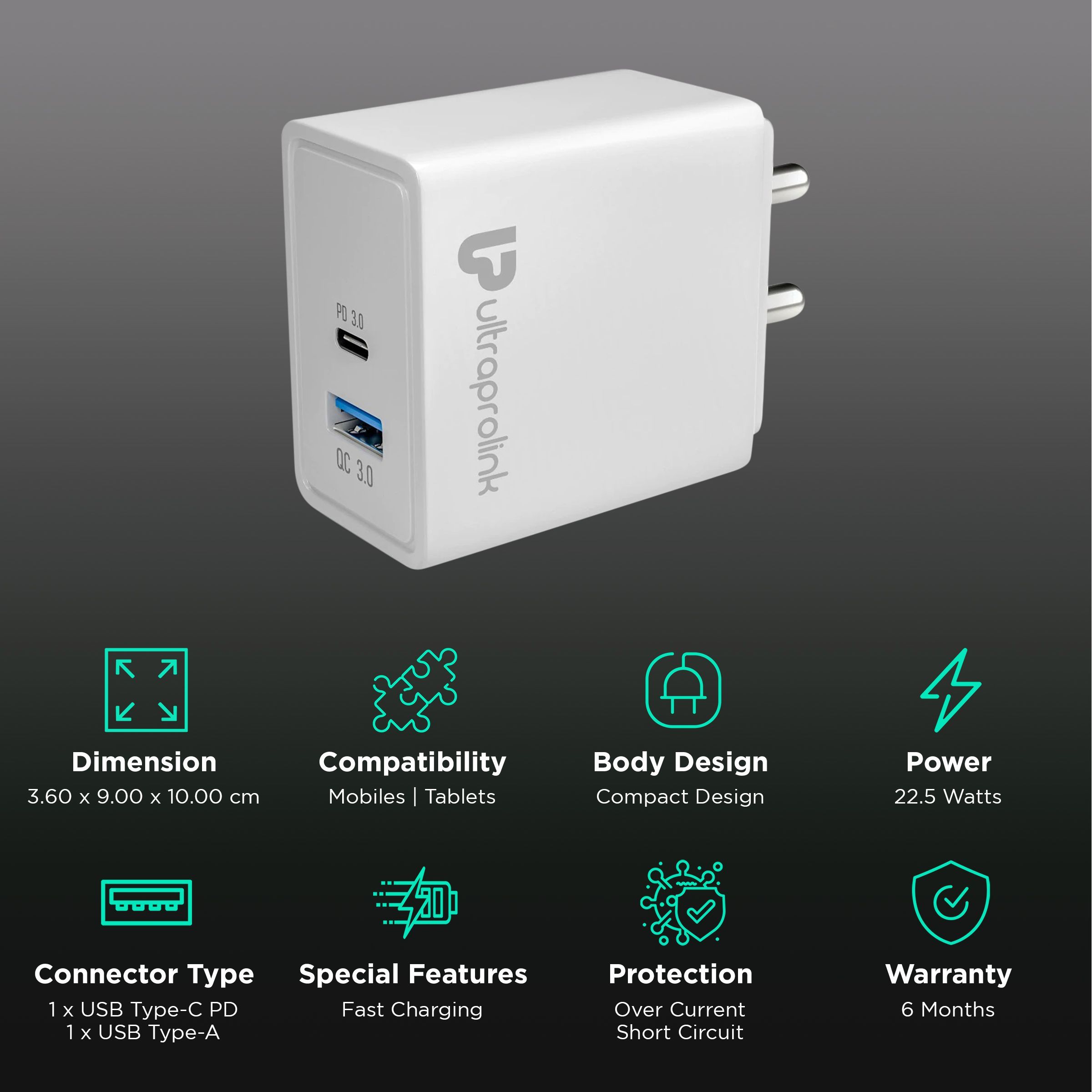 UltraProlink Boost 22.5W Type A & Type C 2-Port Fast Charger (Adapter Only, Multi Layer Protection, White)_2