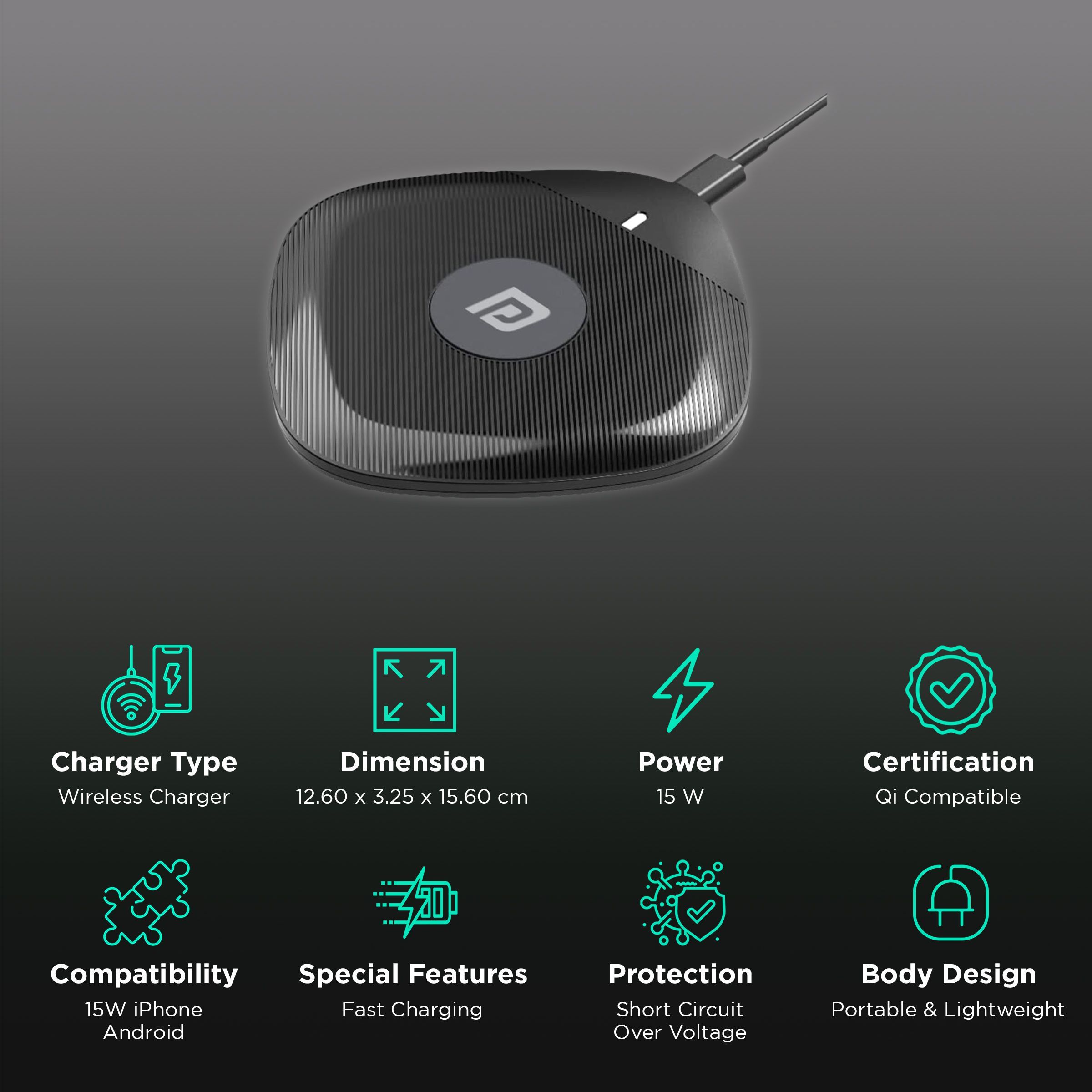 Portronics Freedom One 15W Wireless Charger for iPhone 11, 12, 13 Series/SAMSUNG Galaxy Z Fold 2, S20 FE, S6 Edge (Qi Compatible, Black)_2