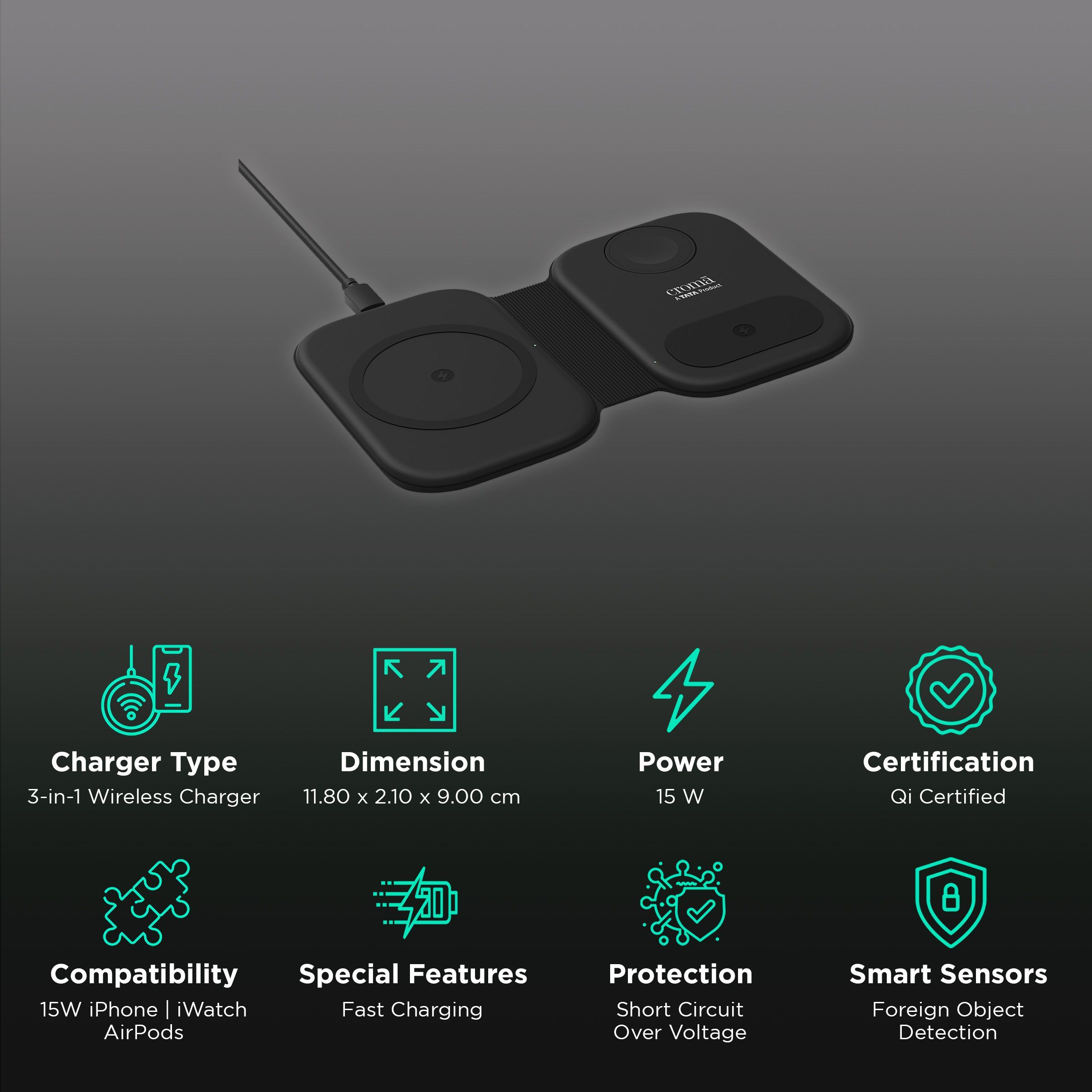 Croma 15W 3-in-1 Wireless Charger for iPhone 14, 14 Pro, 15, 15 Pro, iWatch 4, 5, 6, 7, 8 & AirPods 2, 3, Pro (Qi Compatible, Apple Compatible, Black)_2