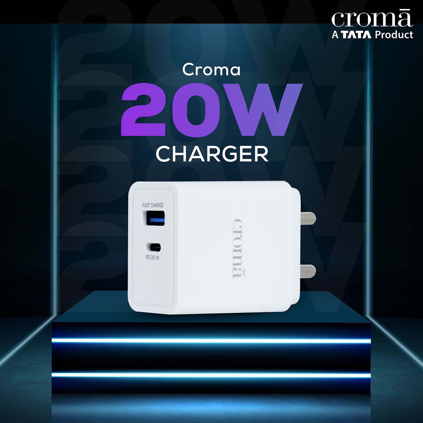 Croma 20W Type A & Type C 2-Port Fast Charger (Type C Cable Included, Apple Compatible, White)_6