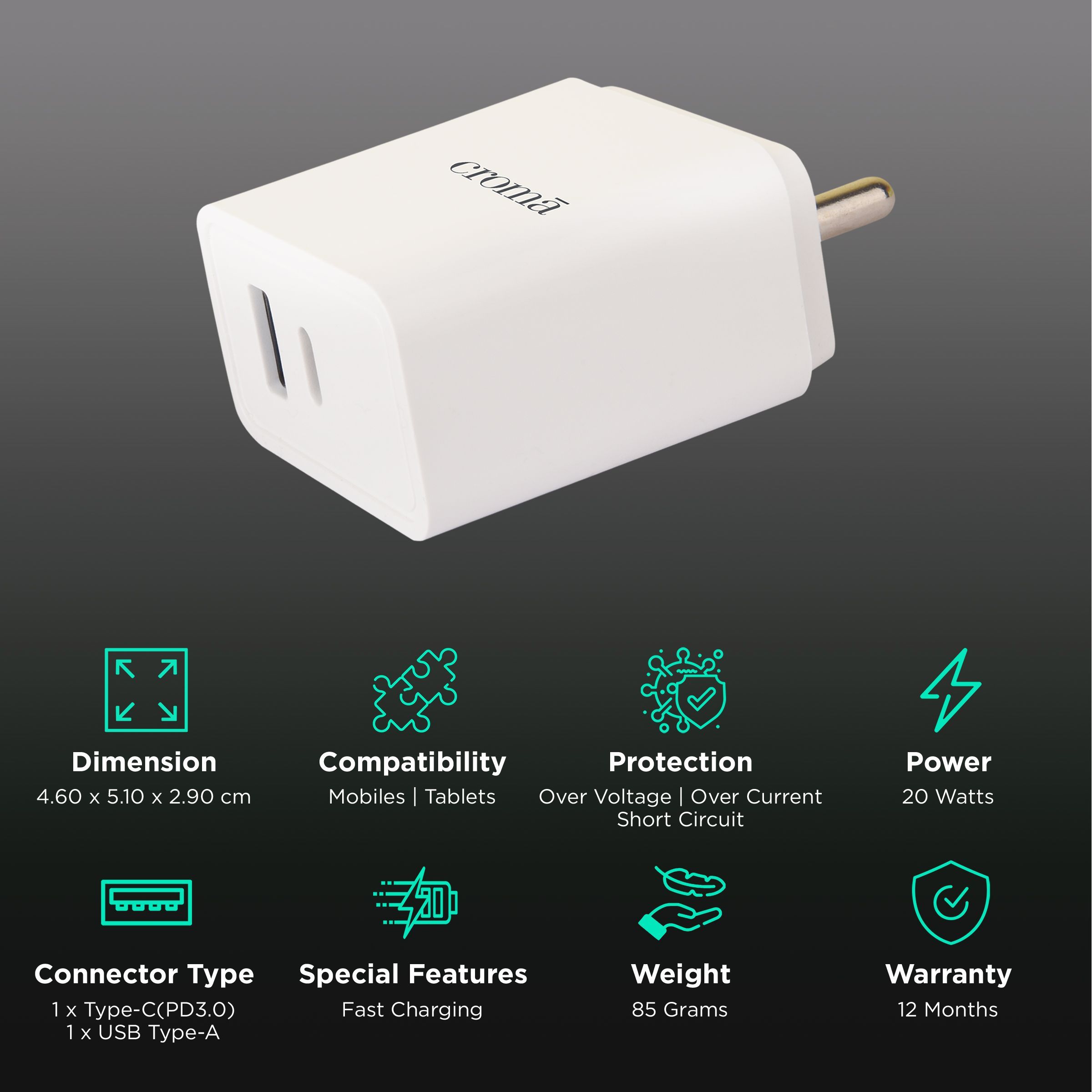 Croma 20W Type A & Type C 2-Port Fast Charger (Type C Cable Included, Apple Compatible, White)_2