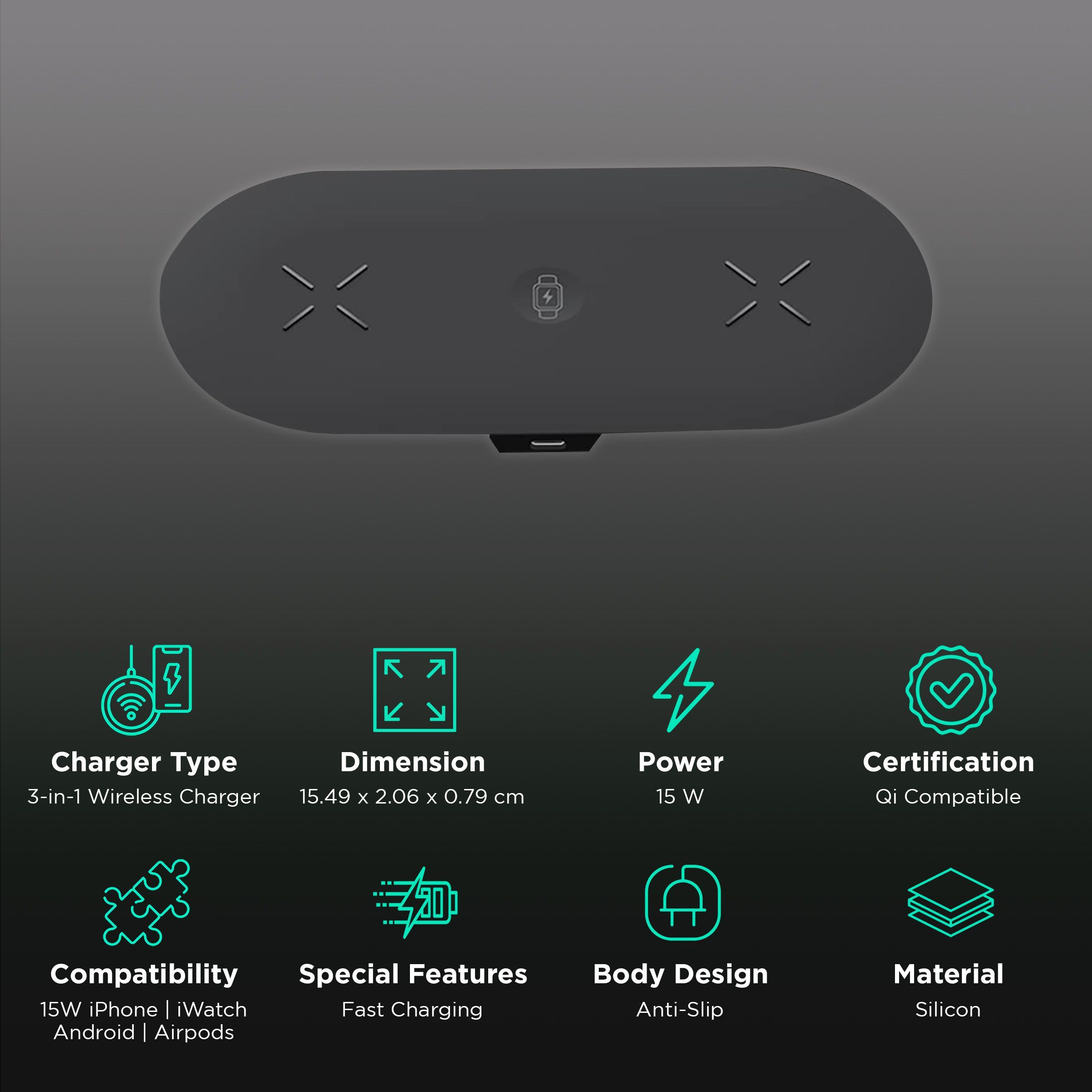 Unigen Unidock 300 15W 3-in-1 Wireless Charger for iPhone 13, 12, 11, XS, X, 8 Series/Android/iWatch 1, 2, 3, 4, 5, 6, 7, SE & AirPods (Qi Compatible, Black)_2