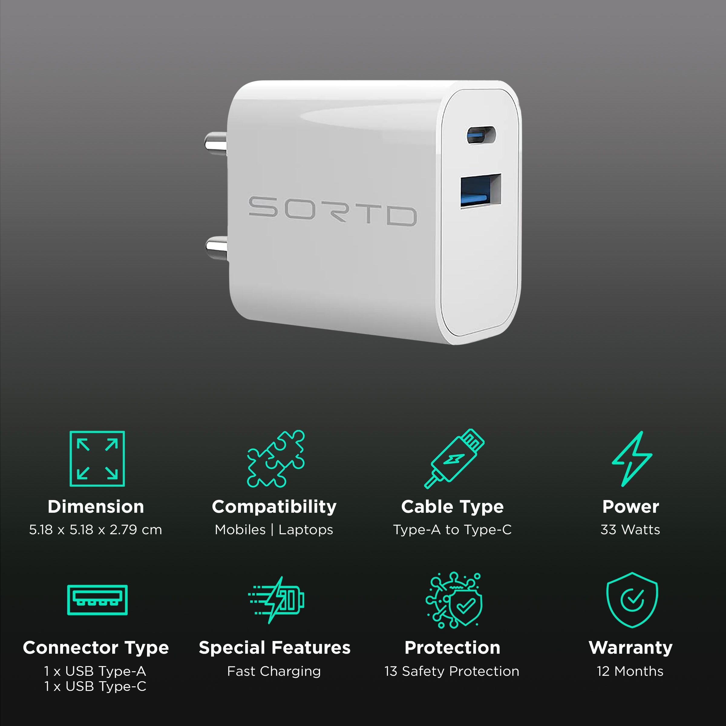 Sortd GaN 33W Type A & Type C 2-Port Fast Charger (Adapter Only, Intelligent Power Distribution, White) Sortd GaN 33W Type A & Type C 2-Port Fast Charger (Adapter Only, Intelligent Power Distribution, White)_2