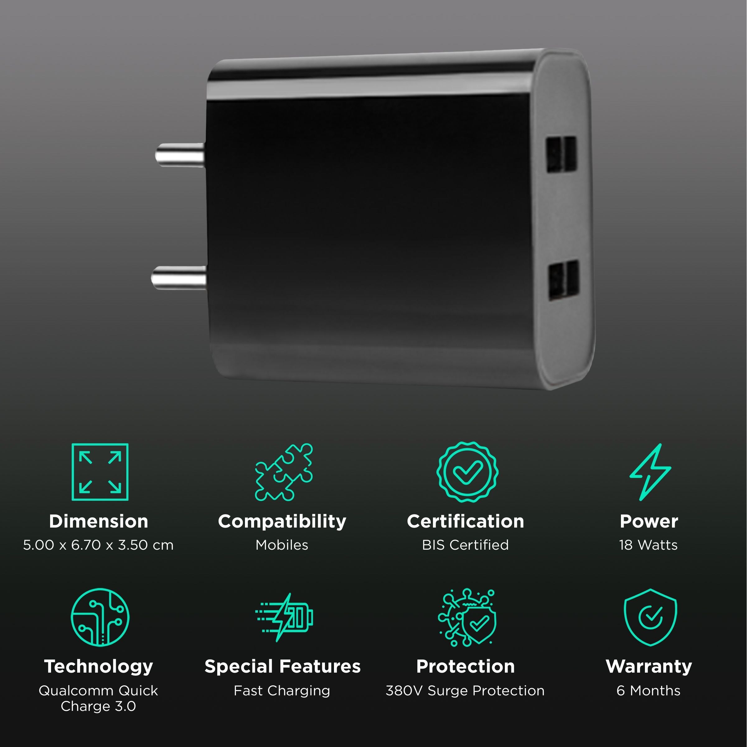 Mi 18W Type A 2-Port Fast Charger (Adapter Only, 380V Surge Protection, Black)_2